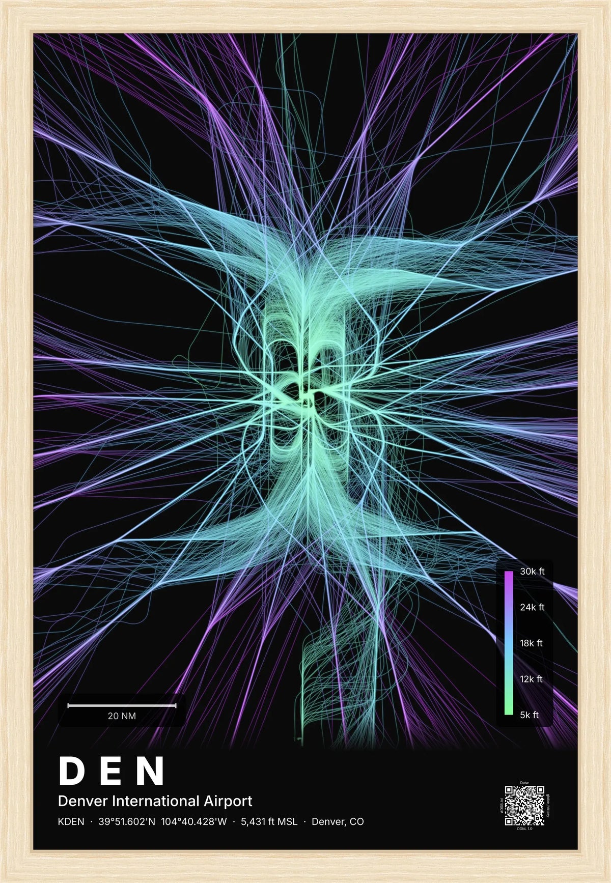DEN flight path print — Prism theme · Dark [material:framed_natural]