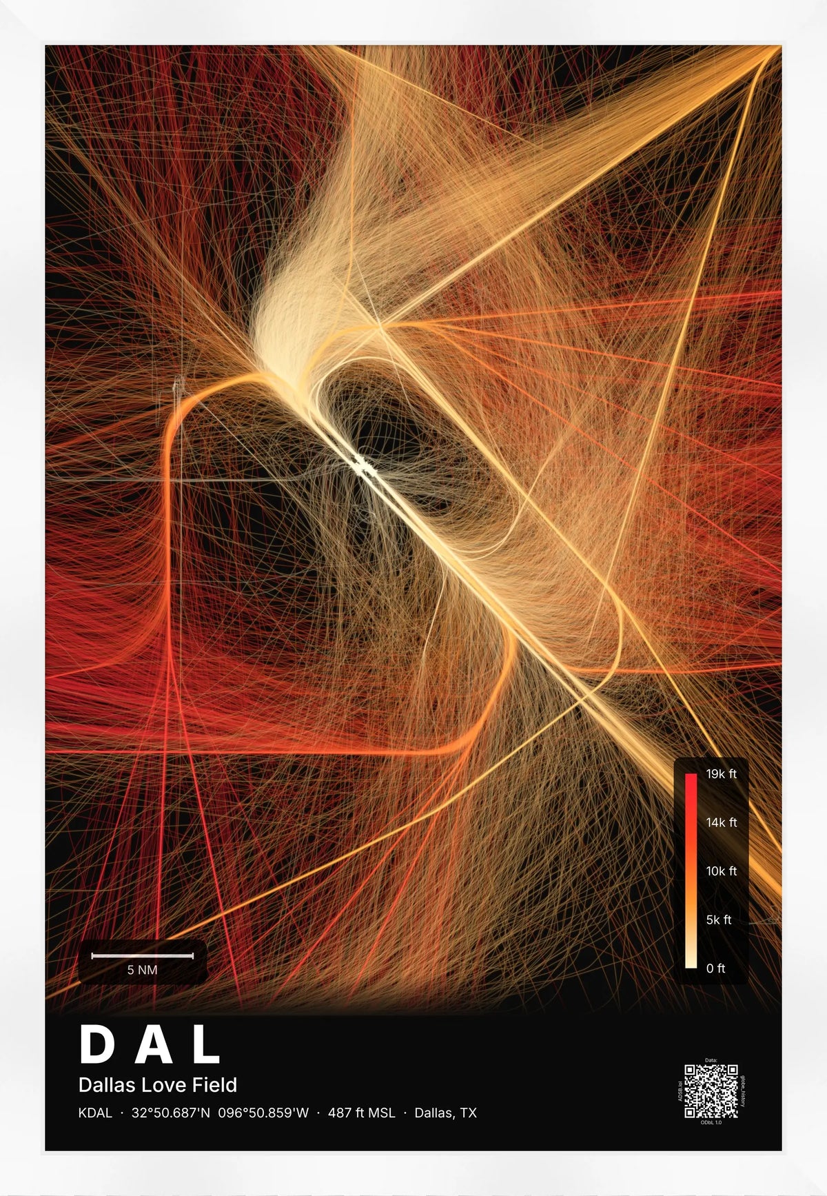 DAL flight path print — Inferno theme · Dark [material:framed_white]
