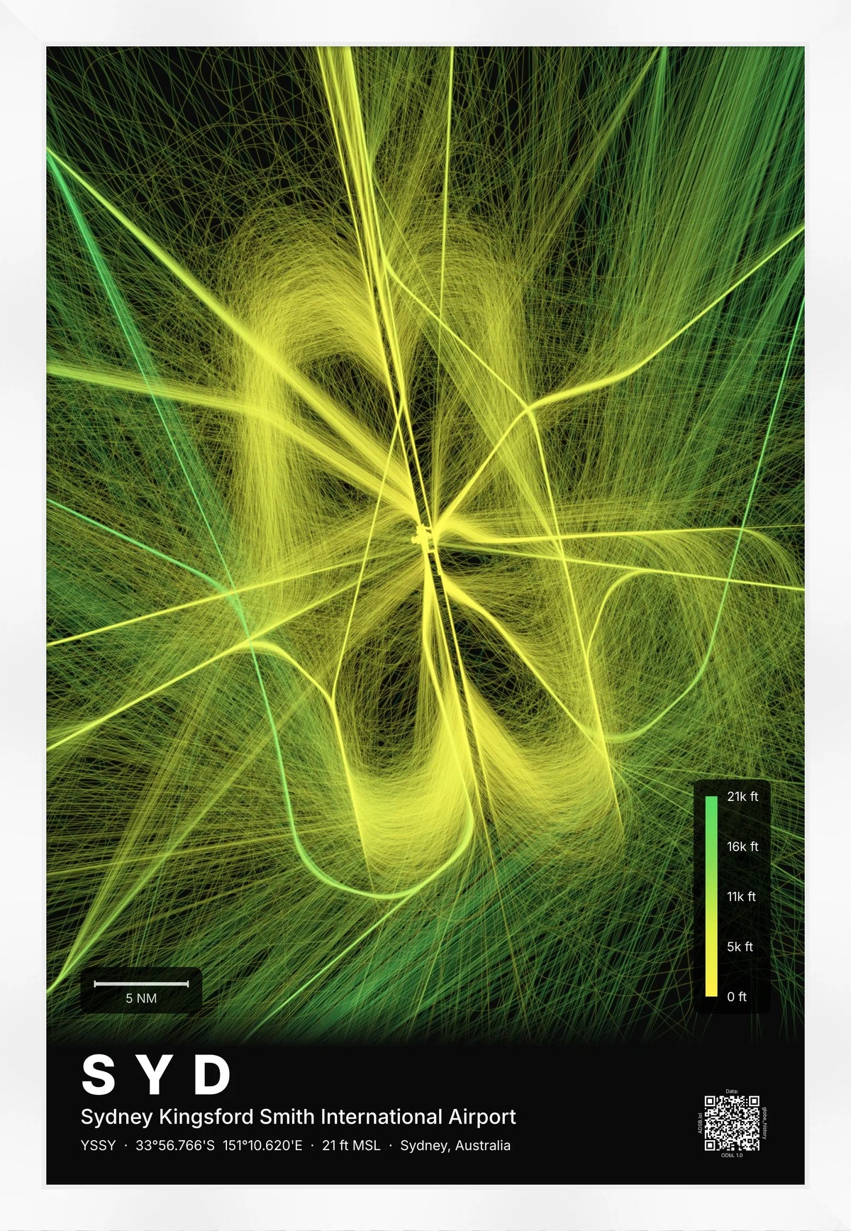 SYD flight path map — Citrus theme · Dark [material:framed_white]