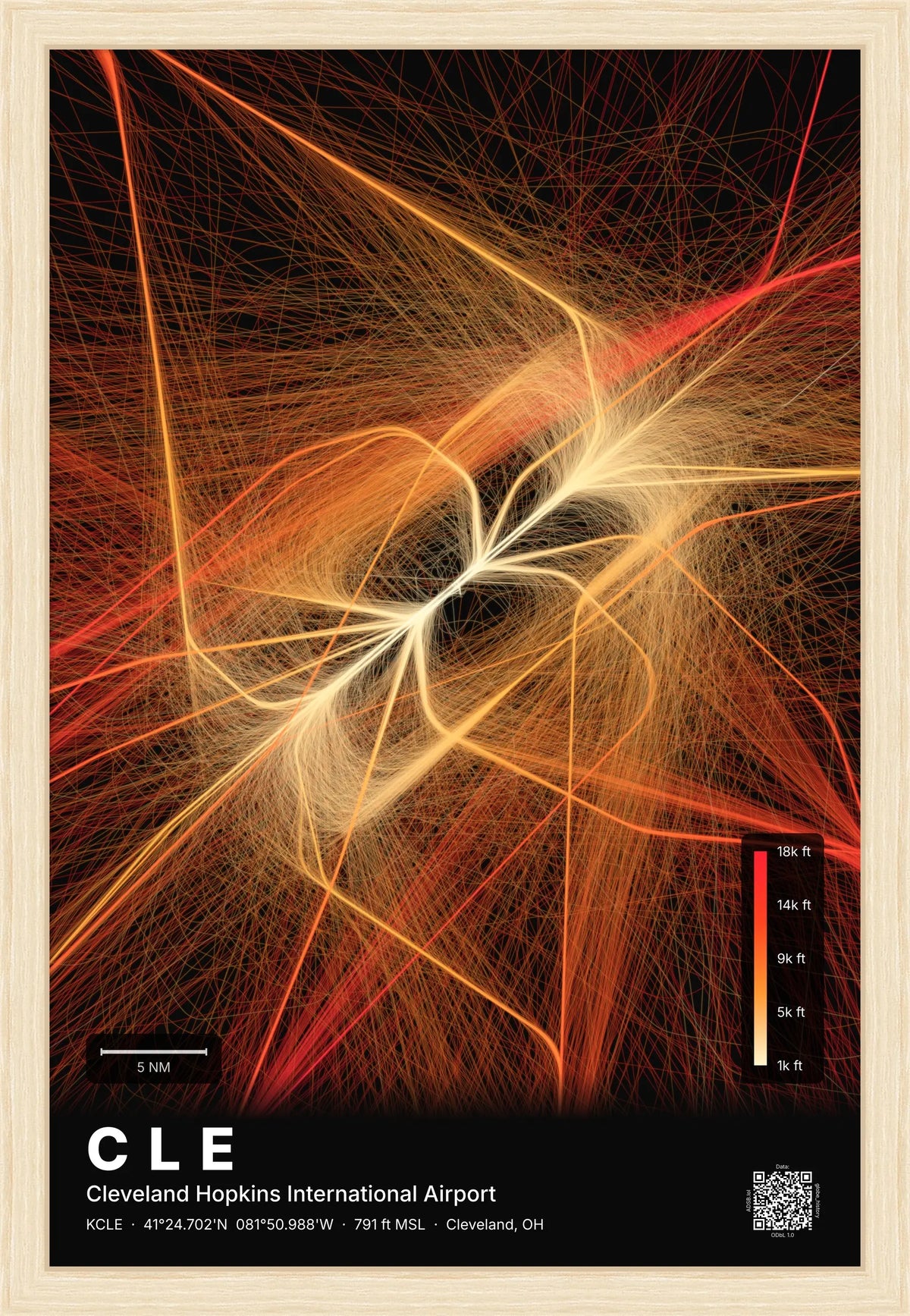 CLE flight path print — Inferno theme · Dark [material:framed_natural]