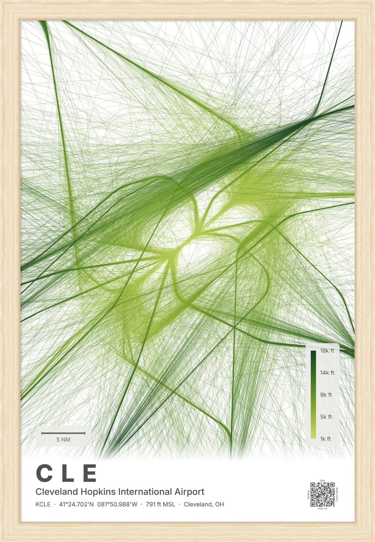 CLE flight path print — Citrus theme · Light [material:framed_natural]