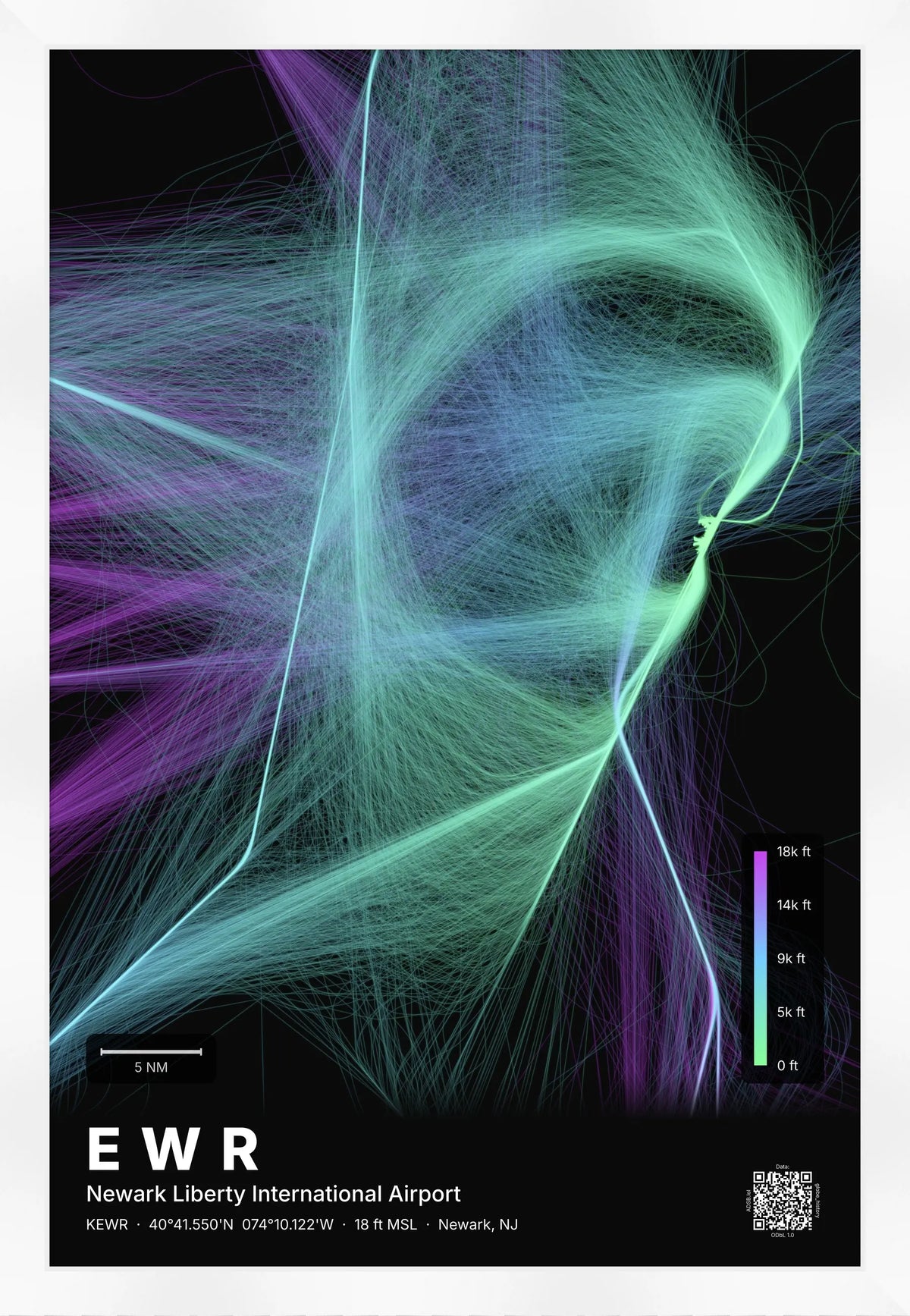 EWR flight path print — Prism theme · Dark [material:framed_white]