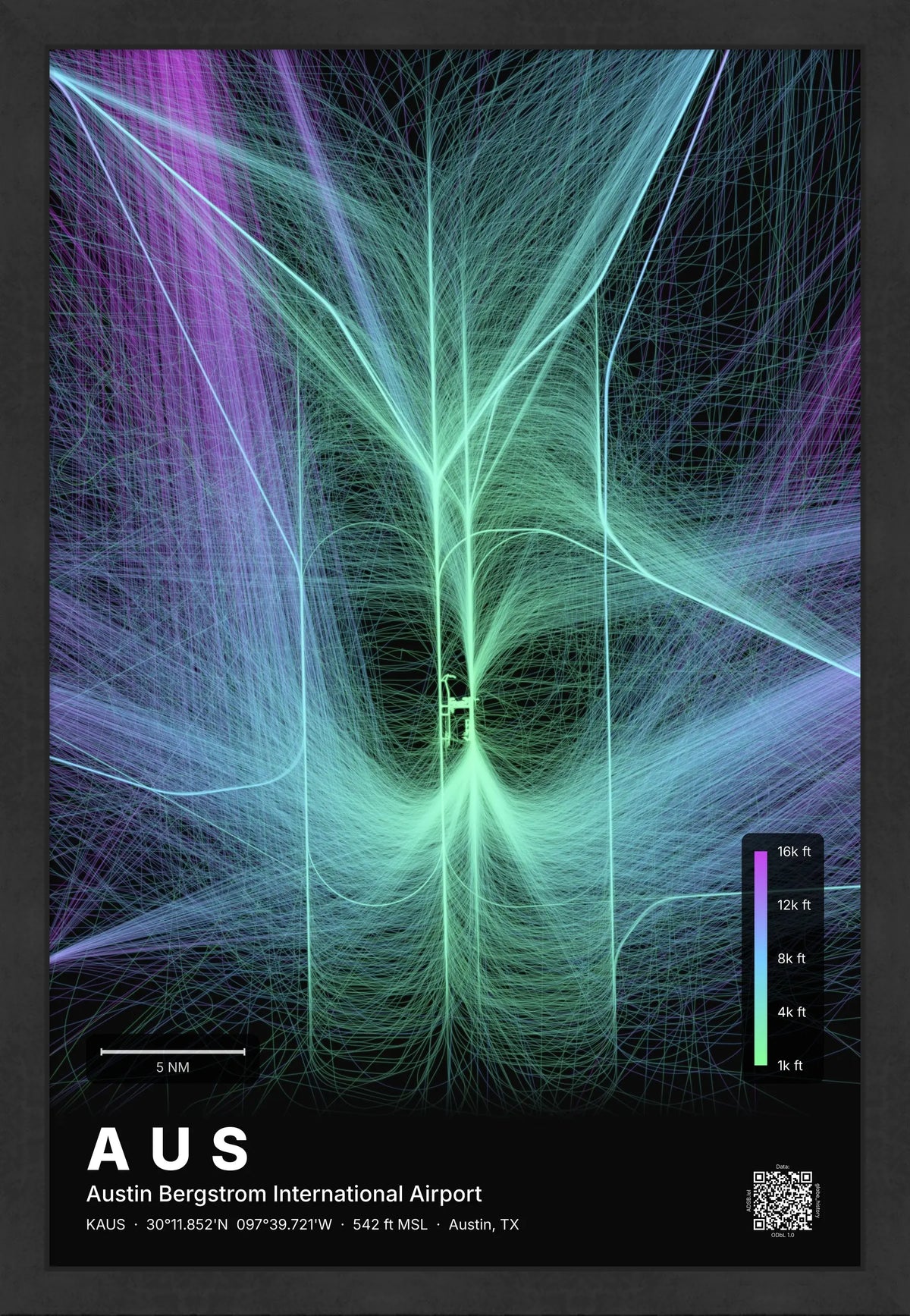 AUS flight path print — Prism theme · Dark [material:framed_black]