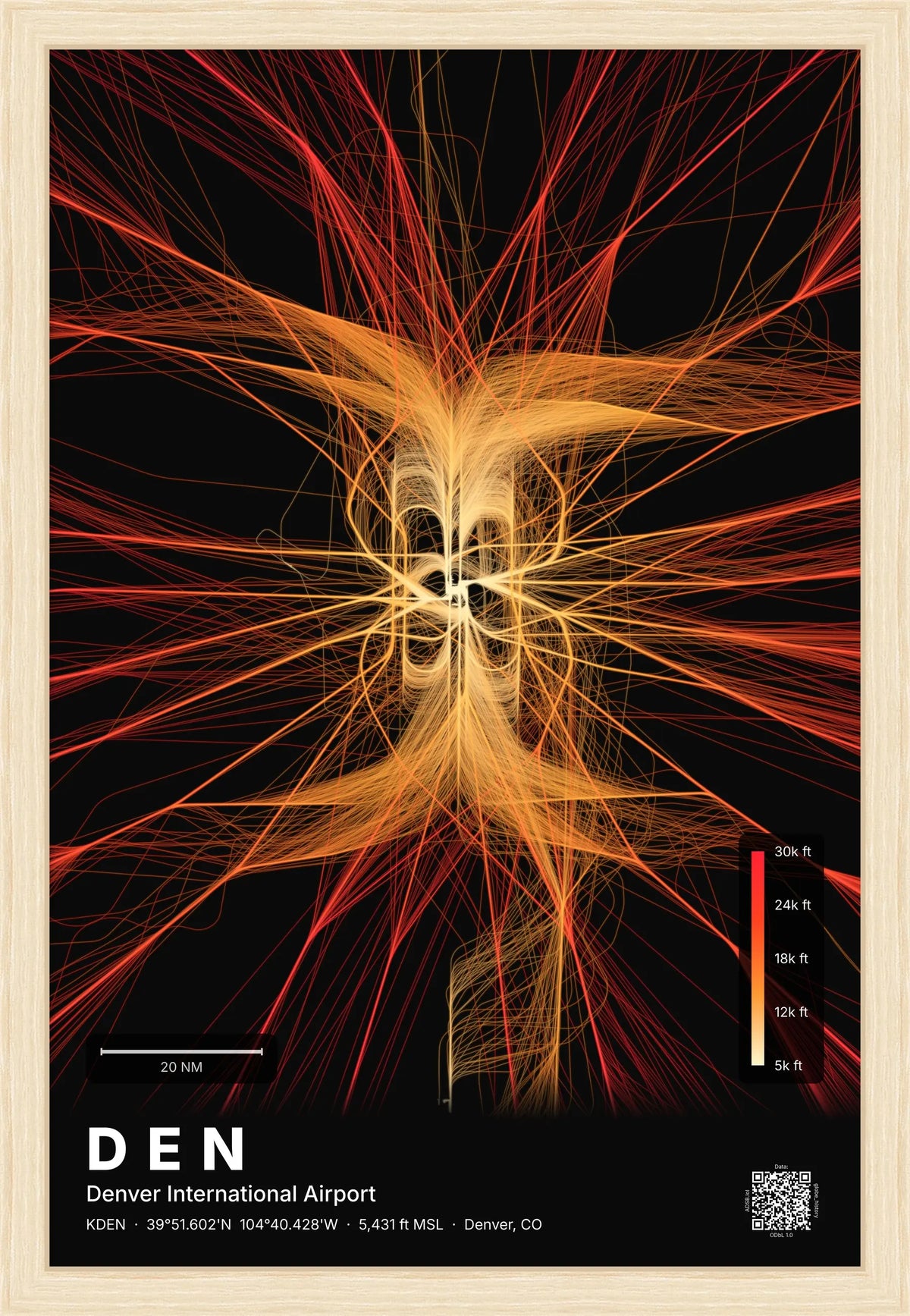 DEN flight path print — Inferno theme · Dark [material:framed_natural]