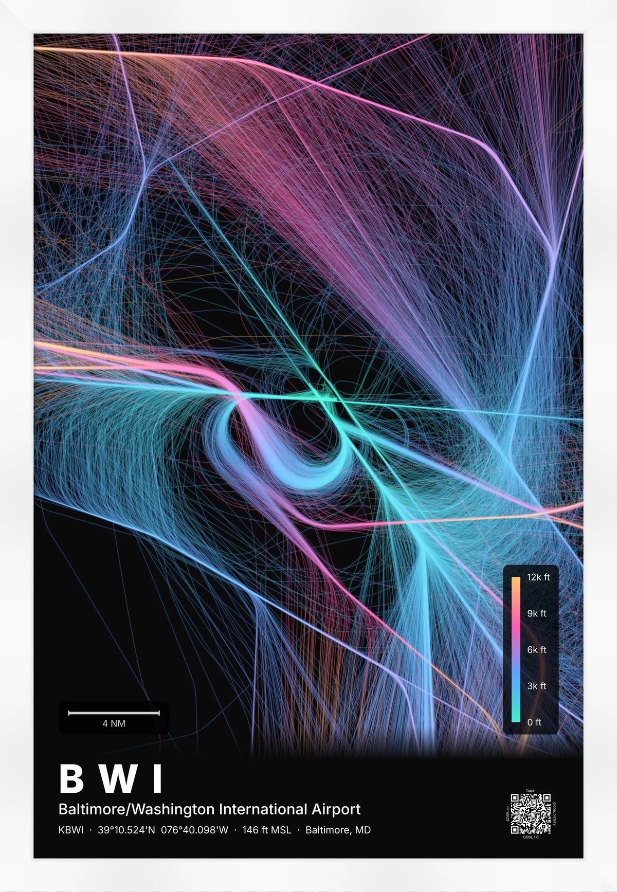 BWI flight path print — Aurora theme · Dark [material:framed_white]