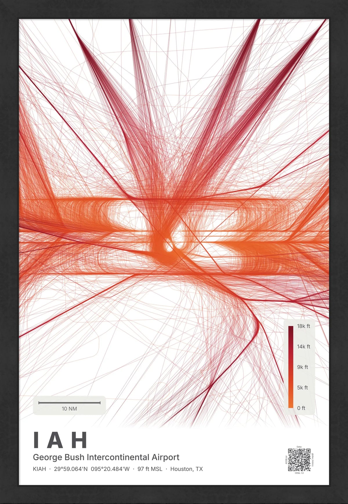 IAH flight path print — Inferno theme · Light [material:framed_black]