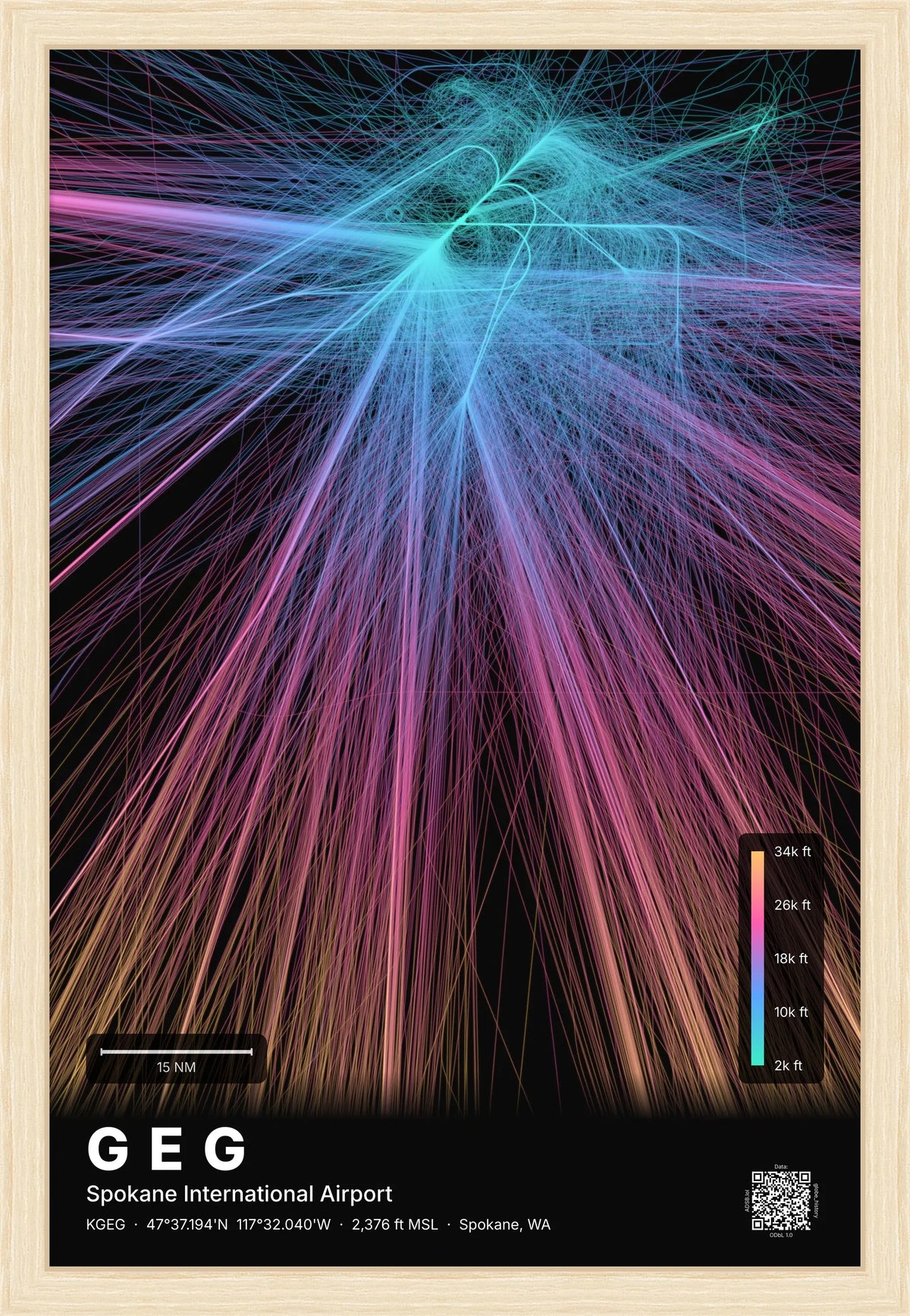 GEG flight path print — Aurora theme · Dark [material:framed_natural]