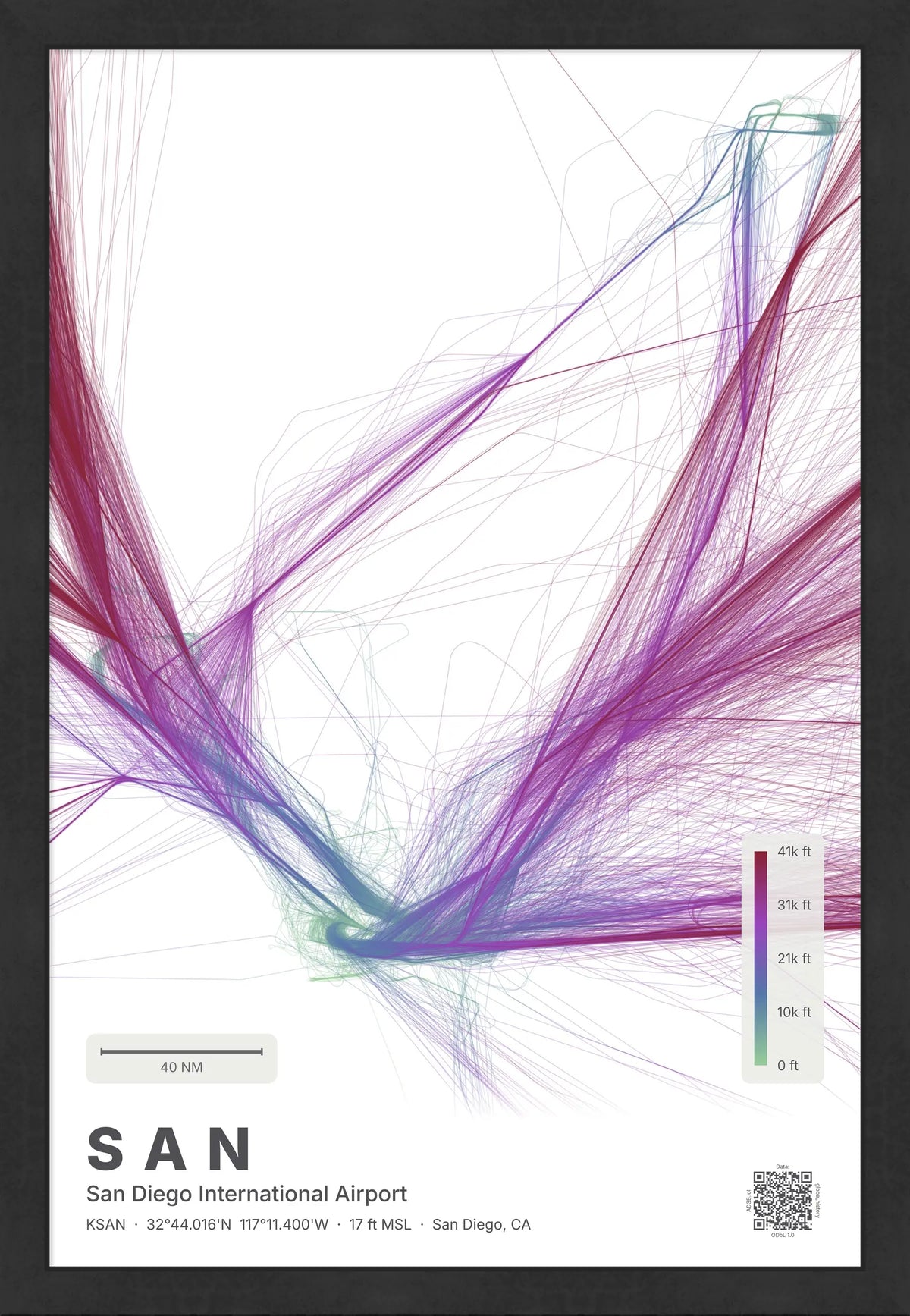 SAN flight path print — Prism theme · Light [material:framed_black]