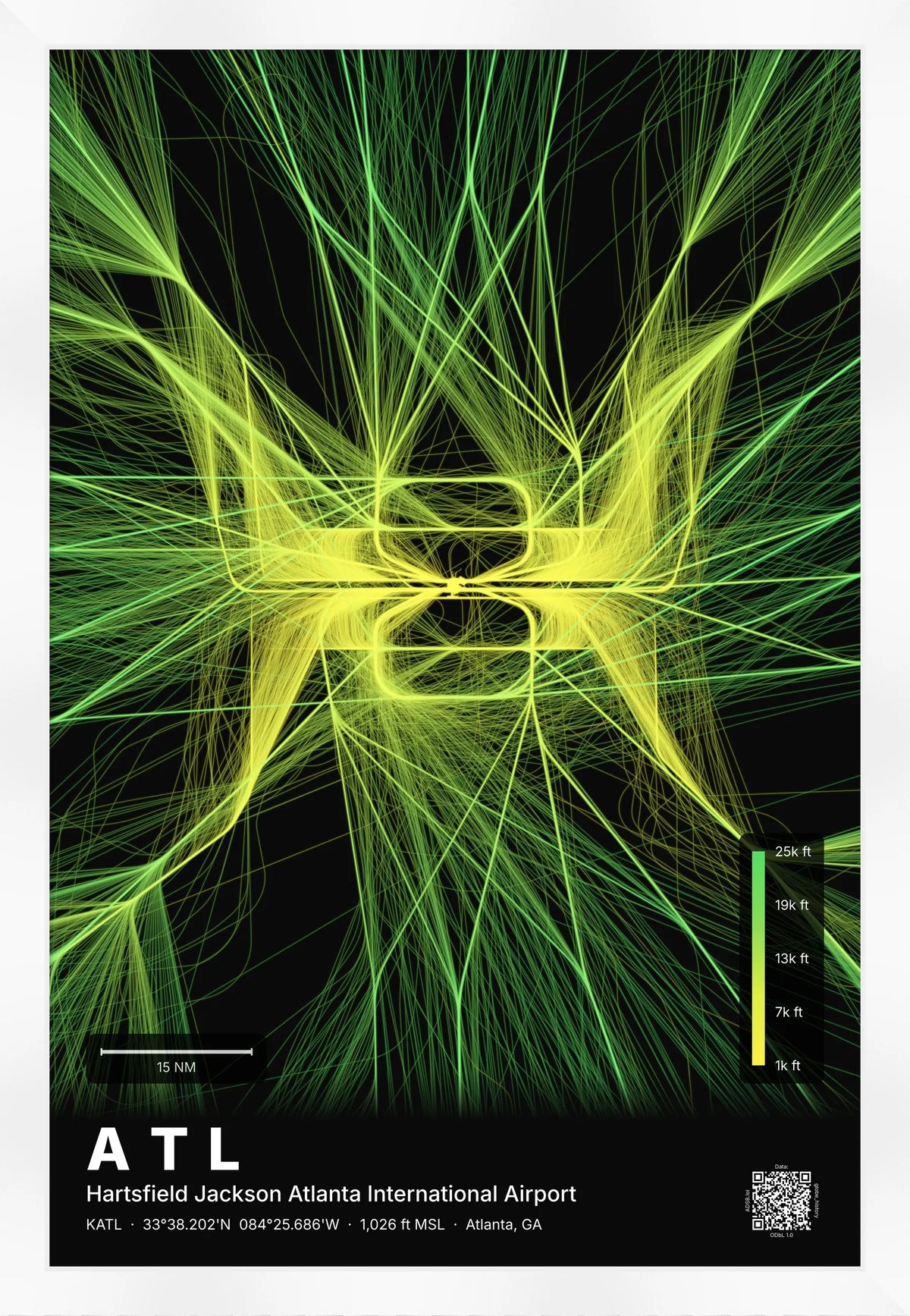 ATL flight path print — Citrus theme · Dark [material:framed_white]