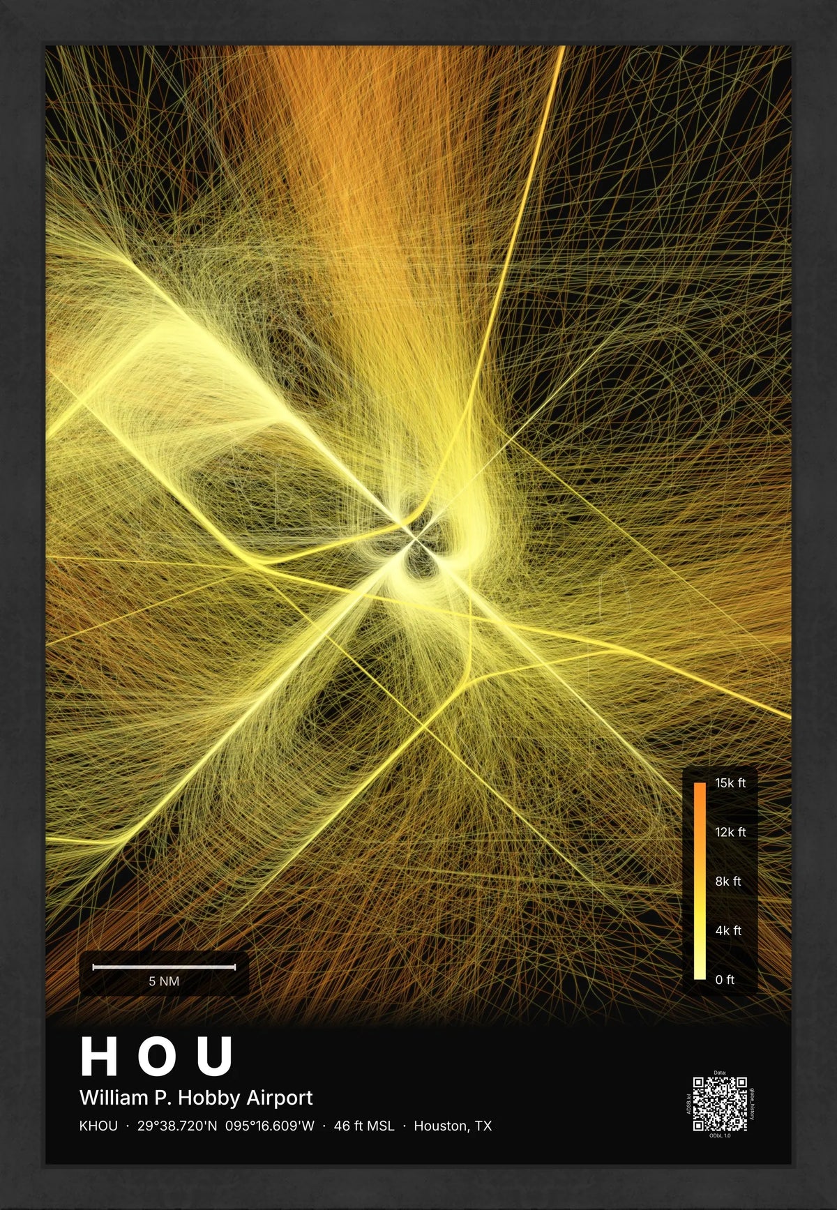 HOU flight path print — Solana theme · Dark [material:framed_black]