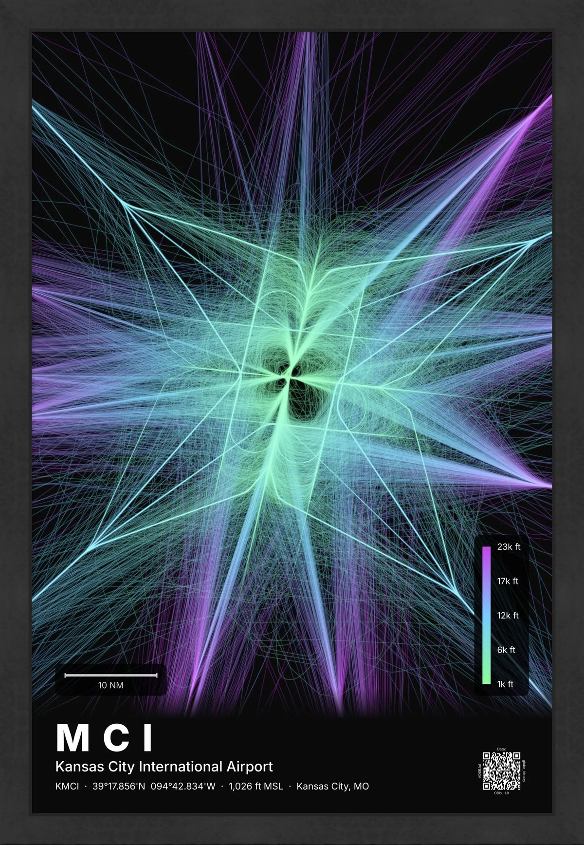 MCI flight path print — Prism theme · Dark [material:framed_black]