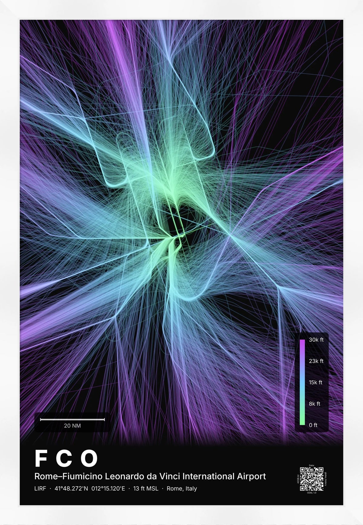 FCO flight path print — Prism theme · Dark [material:framed_white]