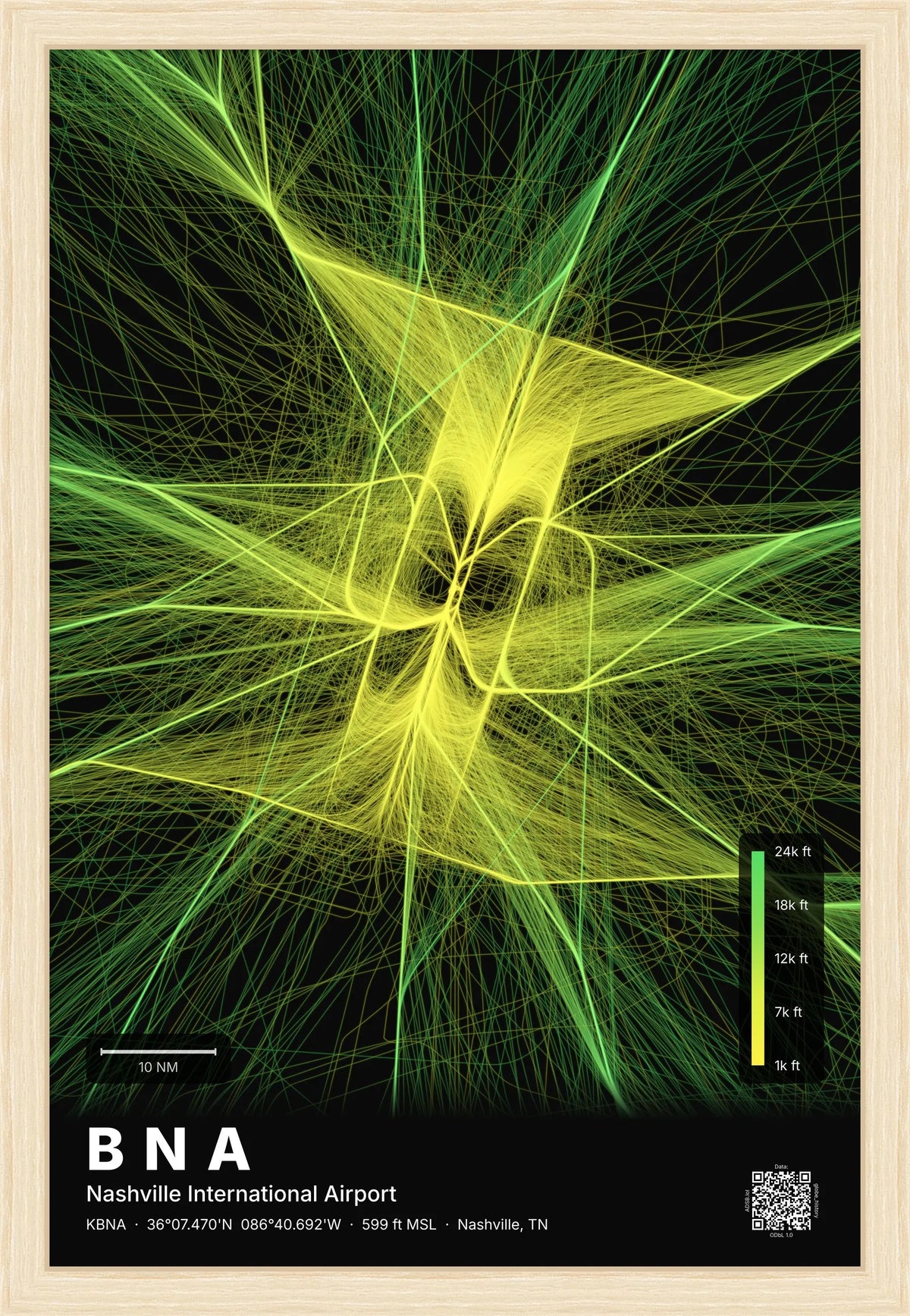 BNA flight path print — Citrus theme · Dark [material:framed_natural]