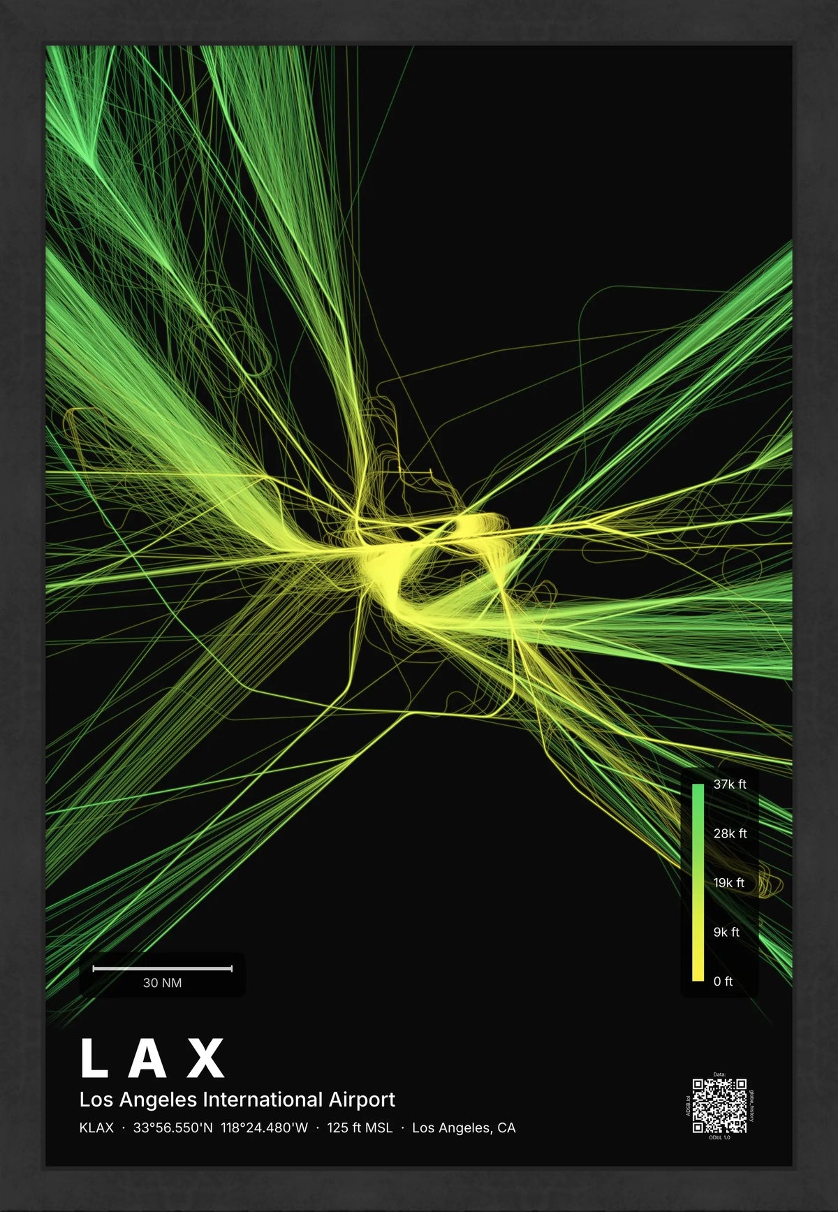 LAX flight path print — Citrus theme · Dark [material:framed_black]