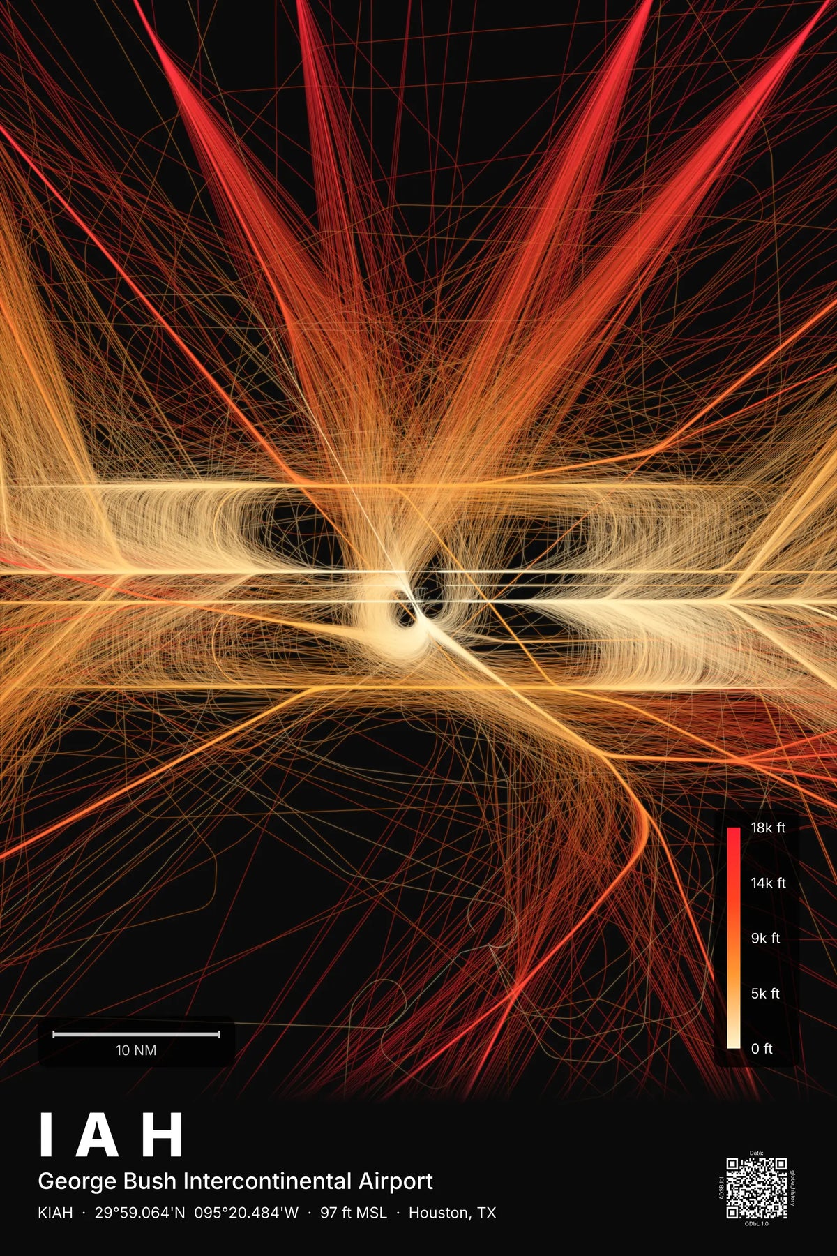 IAH flight path print — Inferno theme · Dark