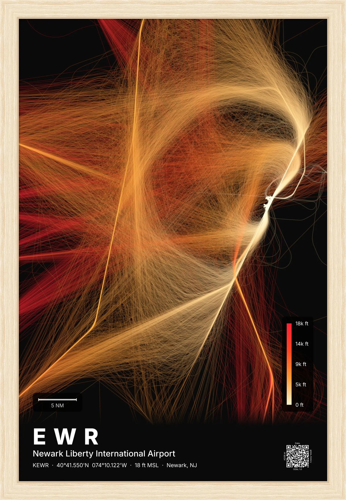 EWR flight path print — Inferno theme · Dark [material:framed_natural]