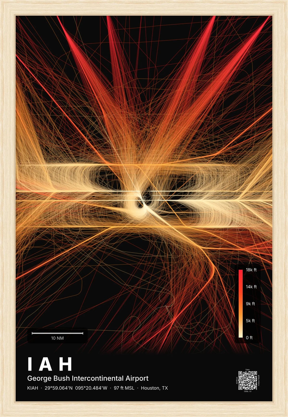 IAH flight path print — Inferno theme · Dark [material:framed_natural]