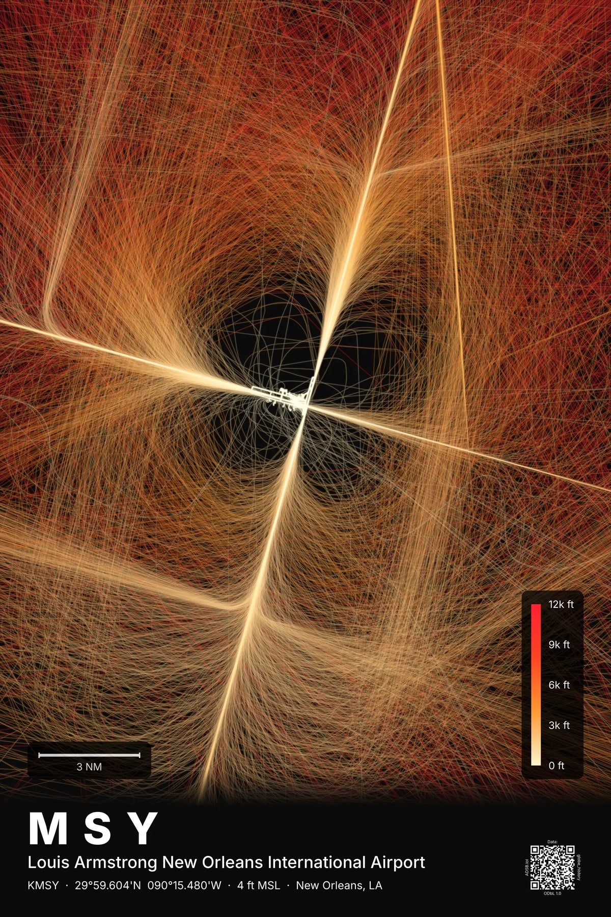 MSY flight path print — Inferno theme · Dark