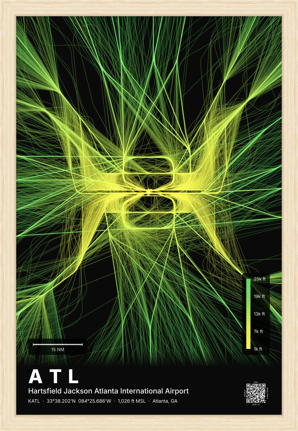 ATL flight path print — Citrus theme · Dark [material:framed_natural]