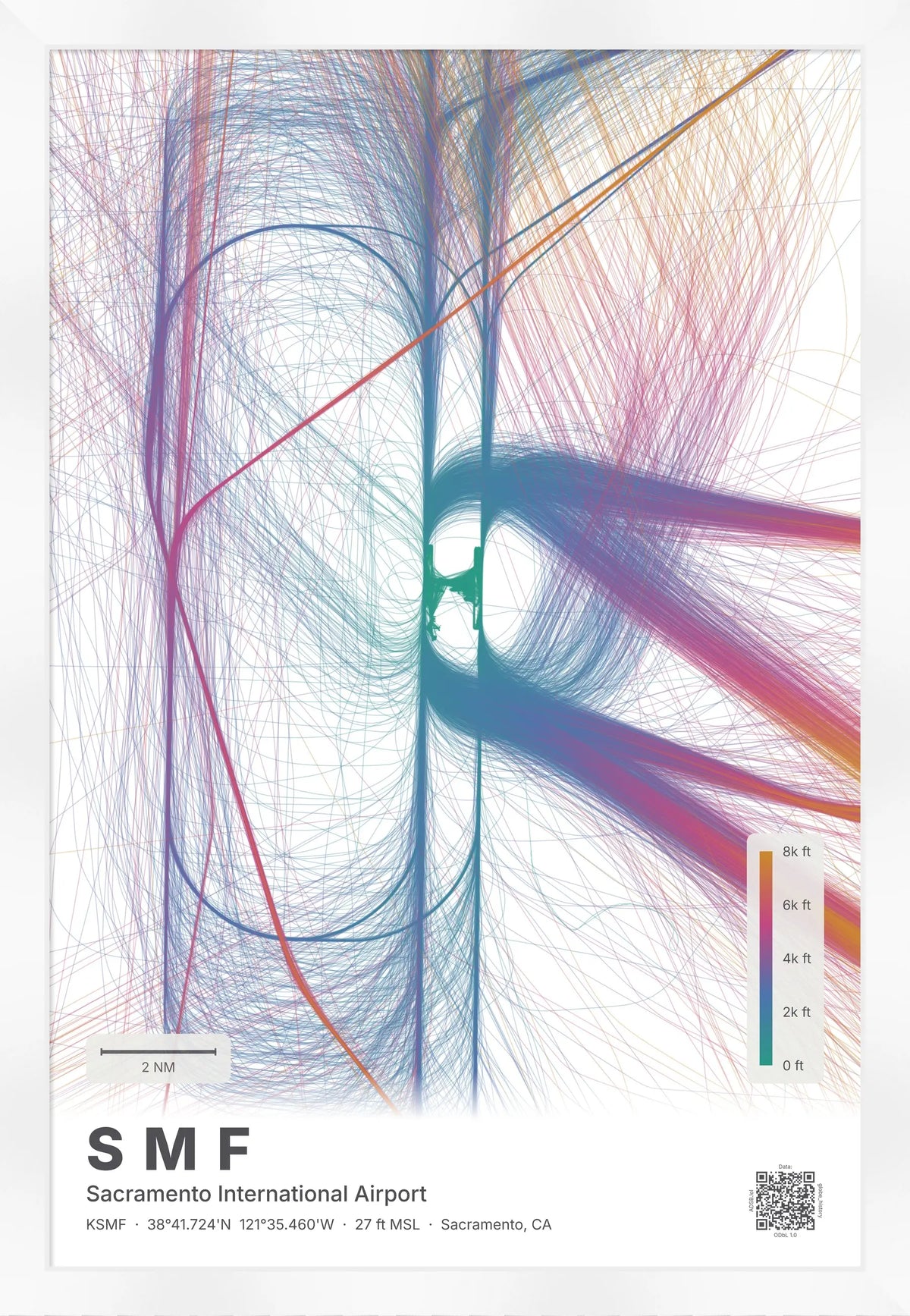 SMF flight path print — Aurora theme · Light [material:framed_white]