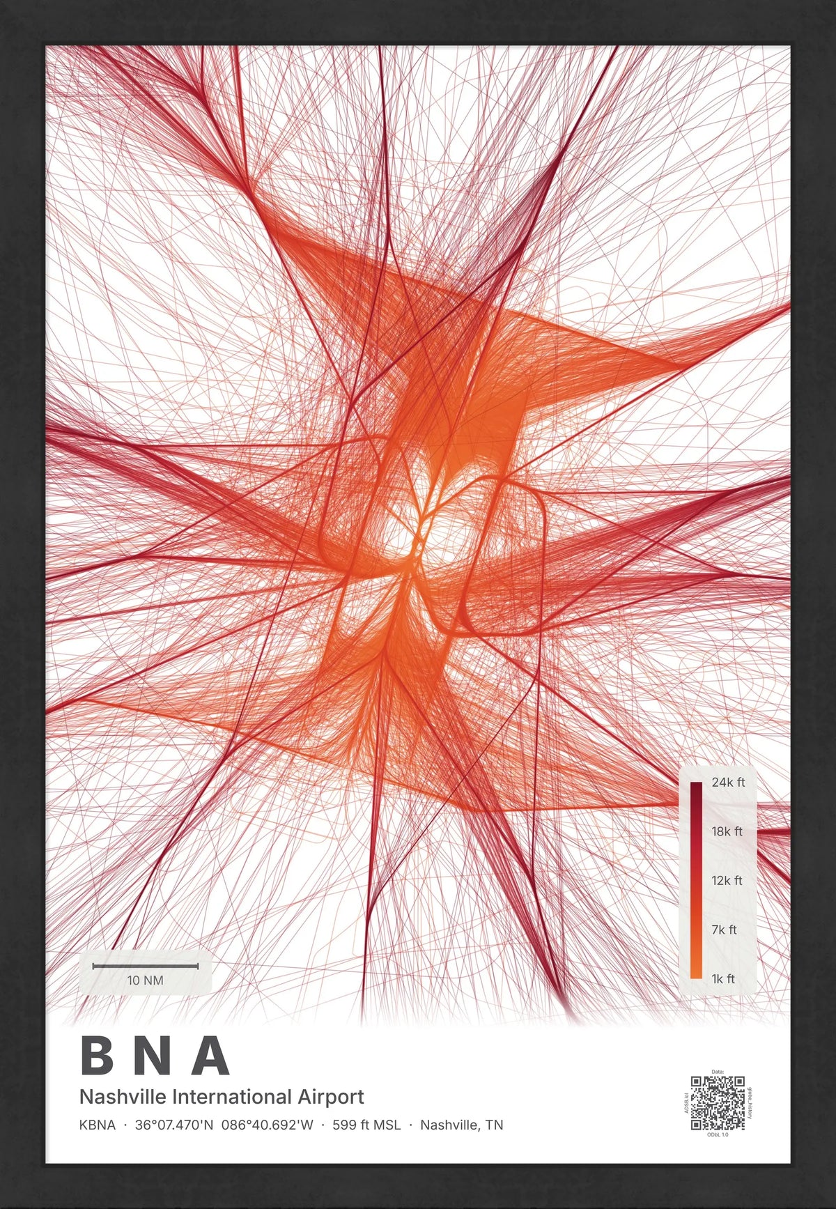 BNA flight path print — Inferno theme · Light [material:framed_black]