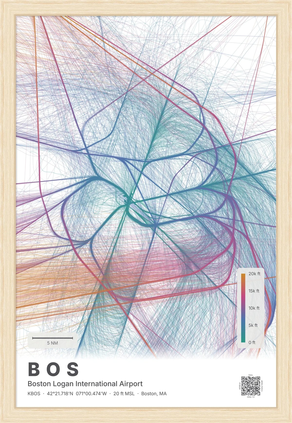 BOS flight path print — Aurora theme · Light [material:framed_natural]