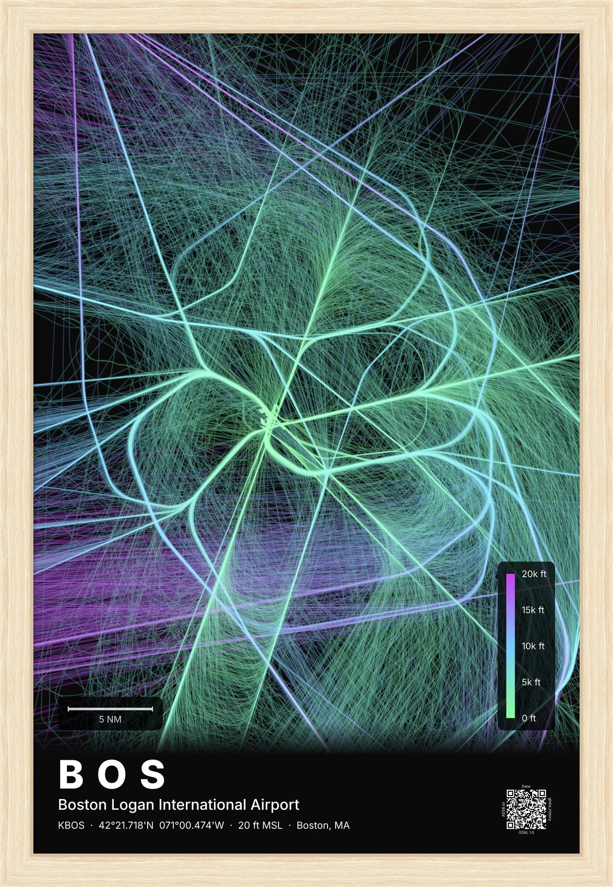 BOS flight path print — Prism theme · Dark [material:framed_natural]