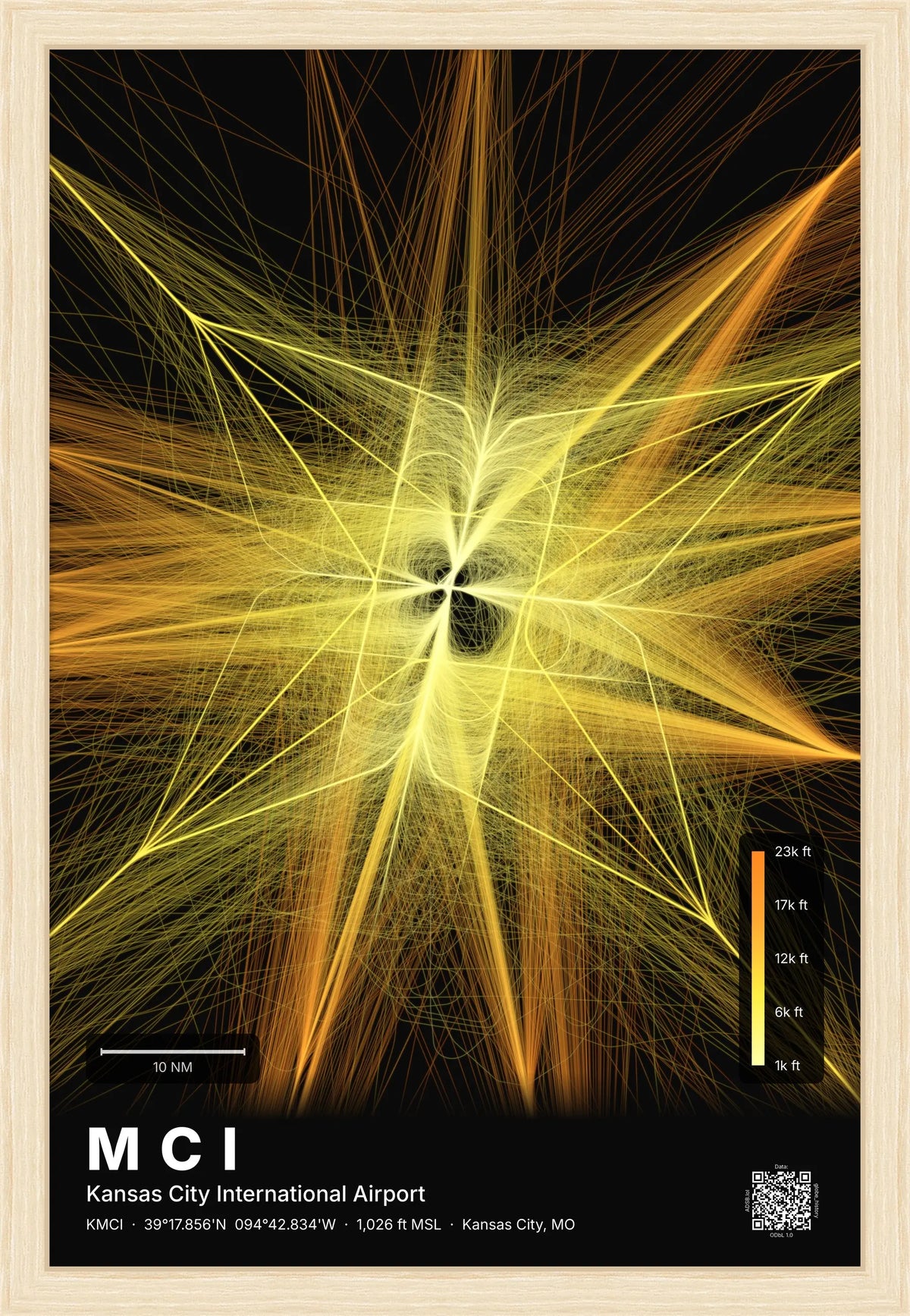 MCI flight path print — Solana theme · Dark [material:framed_natural]