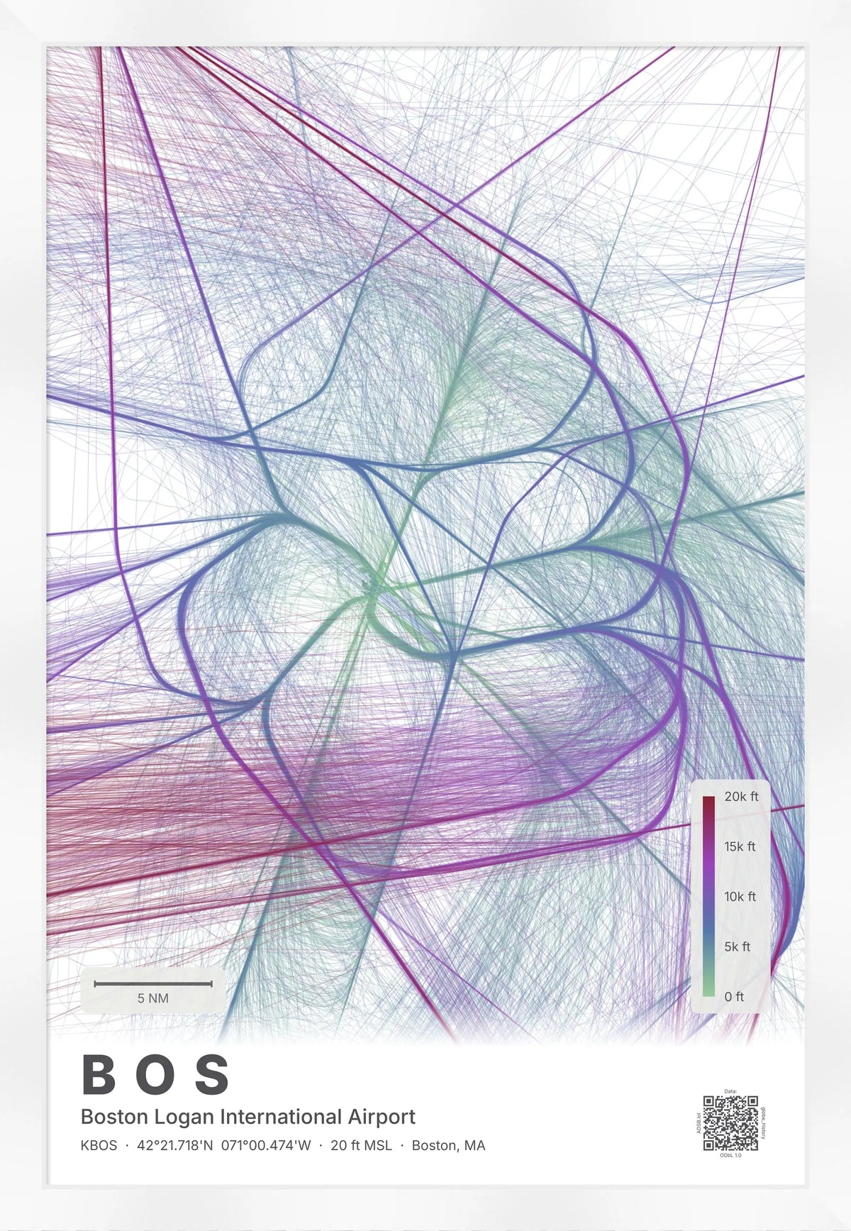 BOS flight path print — Prism theme · Light [material:framed_white]