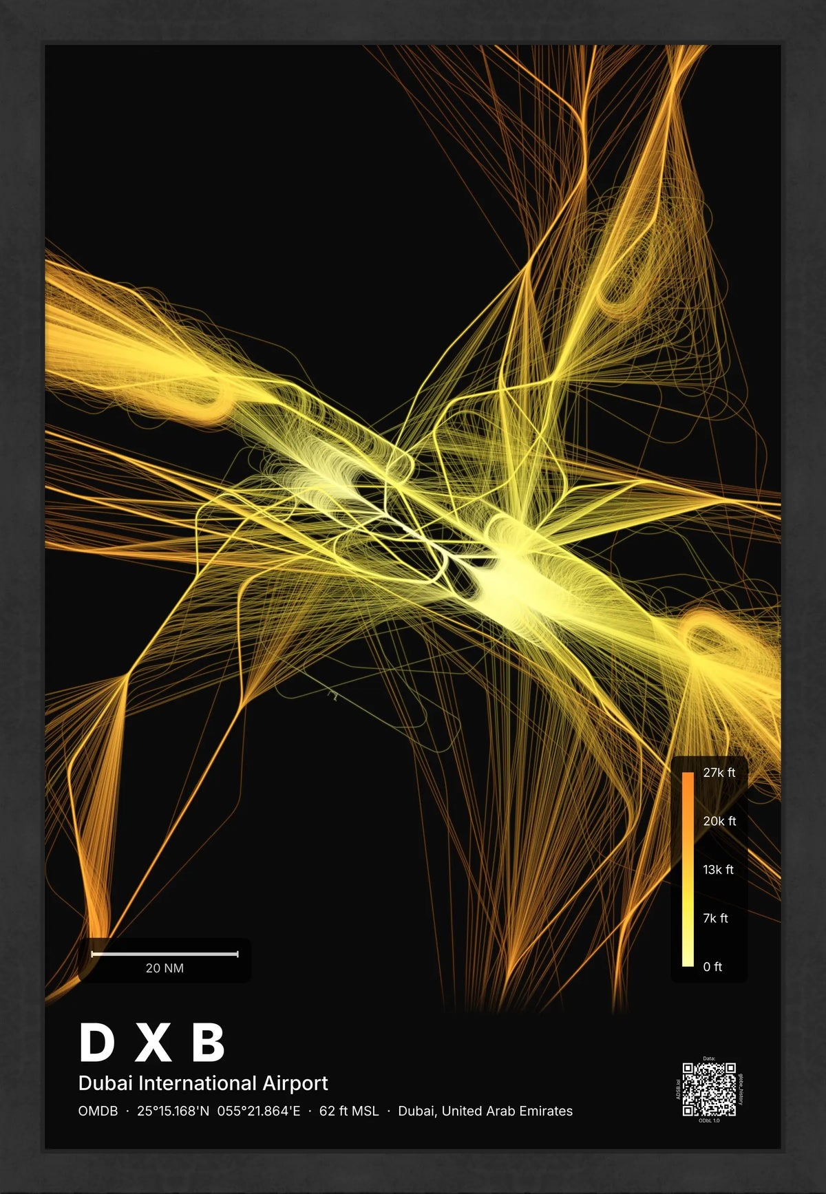 DXB flight path print — Solana theme · Dark [material:framed_black]