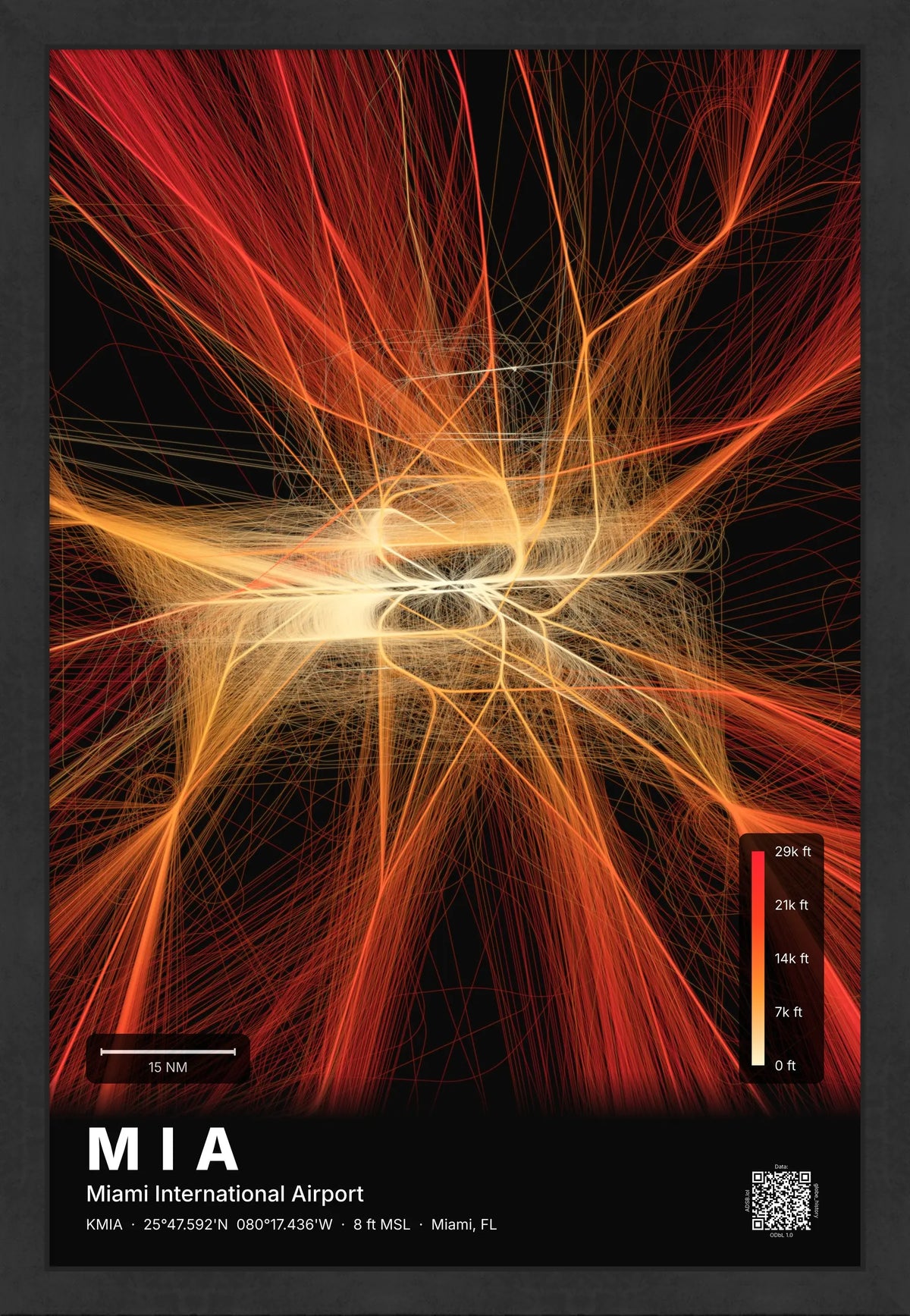 MIA flight path print — Inferno theme · Dark [material:framed_black]