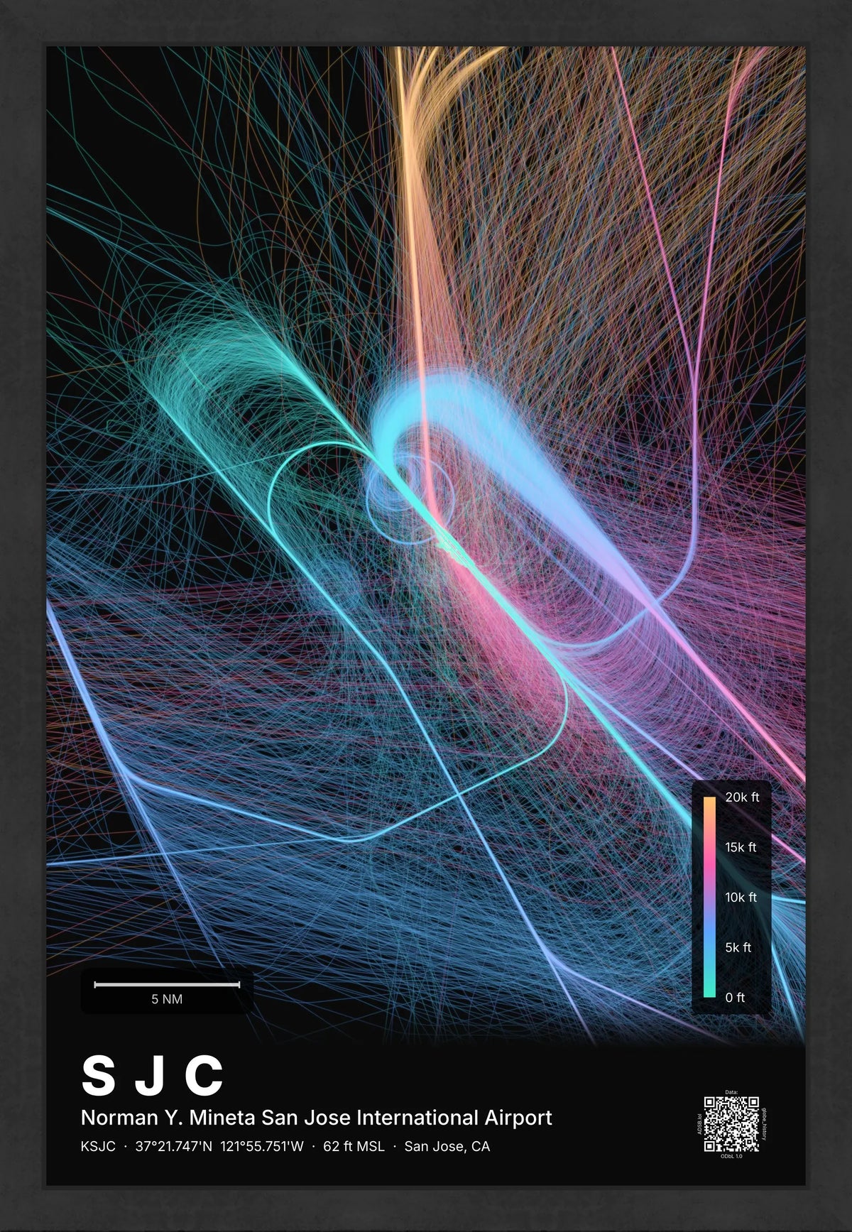 SJC flight path map — Aurora theme · Dark [material:framed_black]