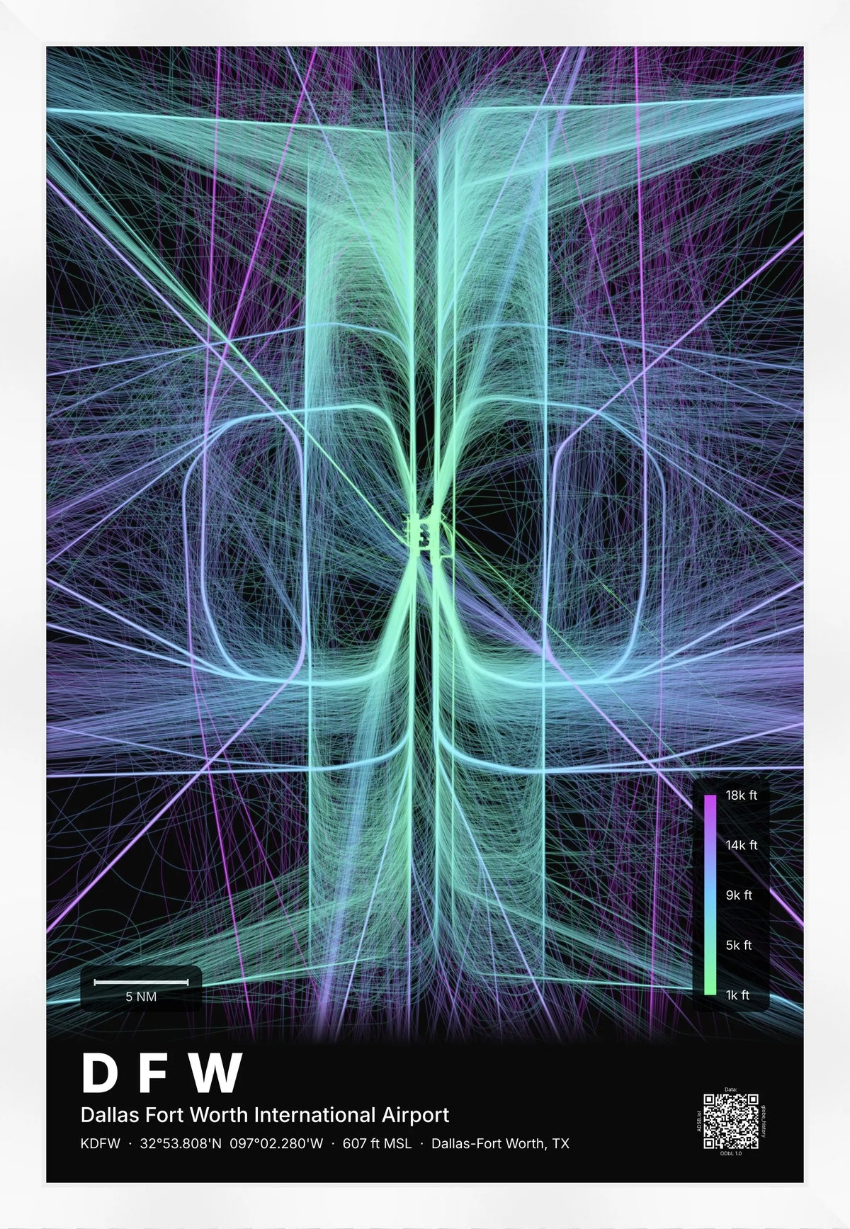 DFW flight path map — Prism theme · Dark [material:framed_white]