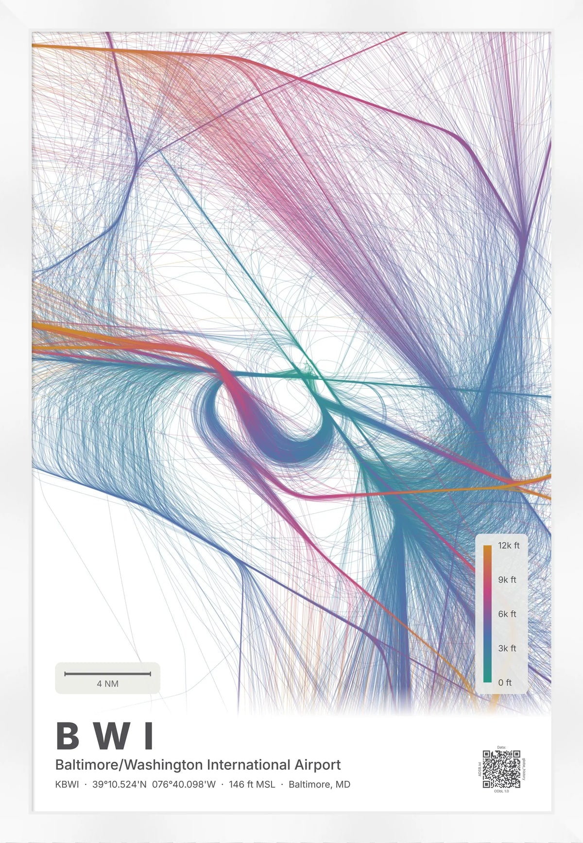 BWI flight path print — Aurora theme · Light [material:framed_white]