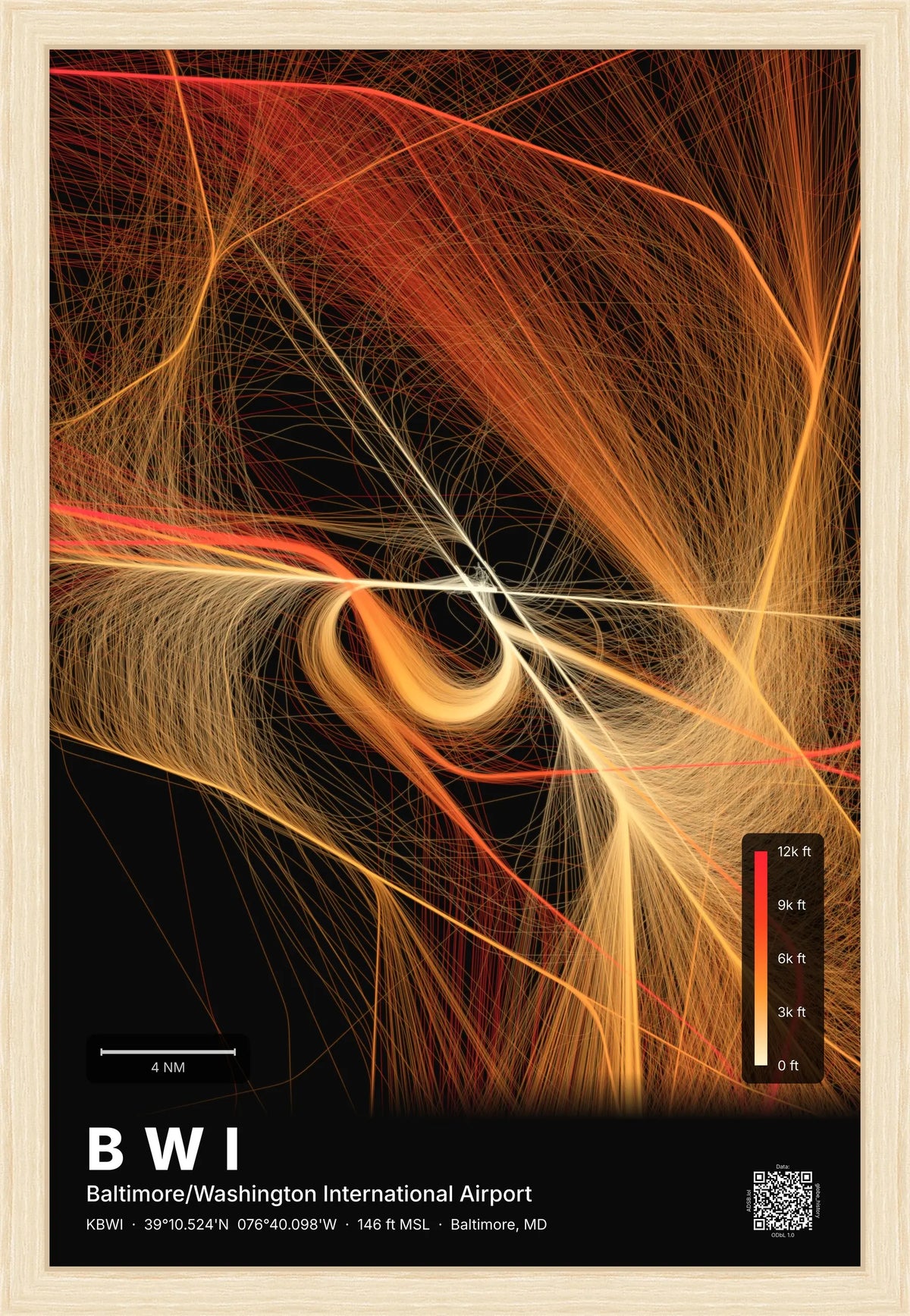 BWI flight path print — Inferno theme · Dark [material:framed_natural]
