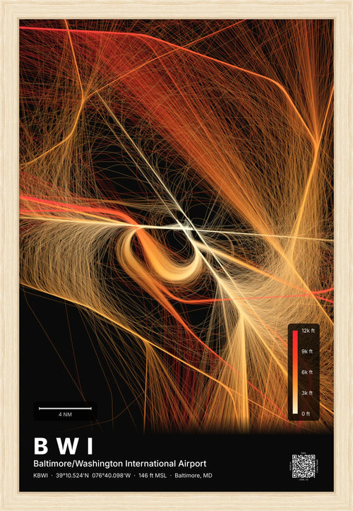 BWI flight path print — Inferno theme · Dark [material:framed_natural]
