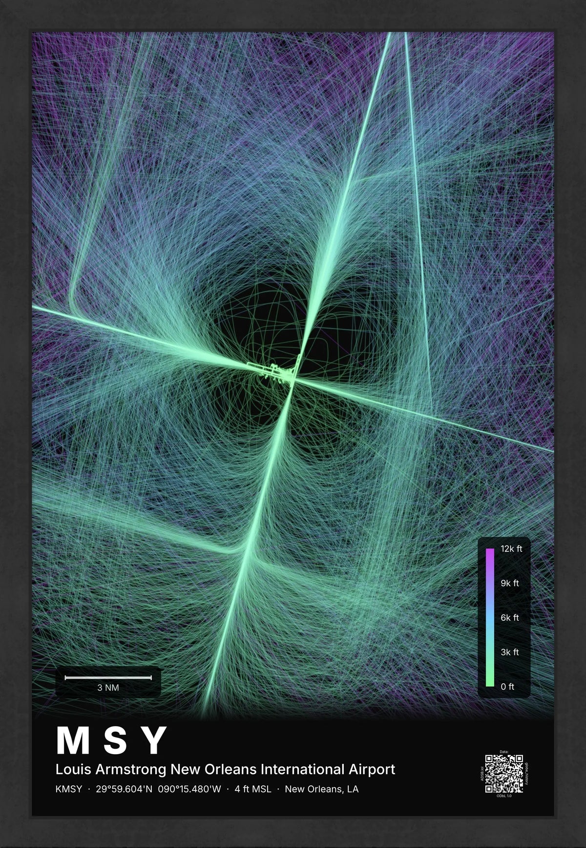 MSY flight path print — Prism theme · Dark [material:framed_black]