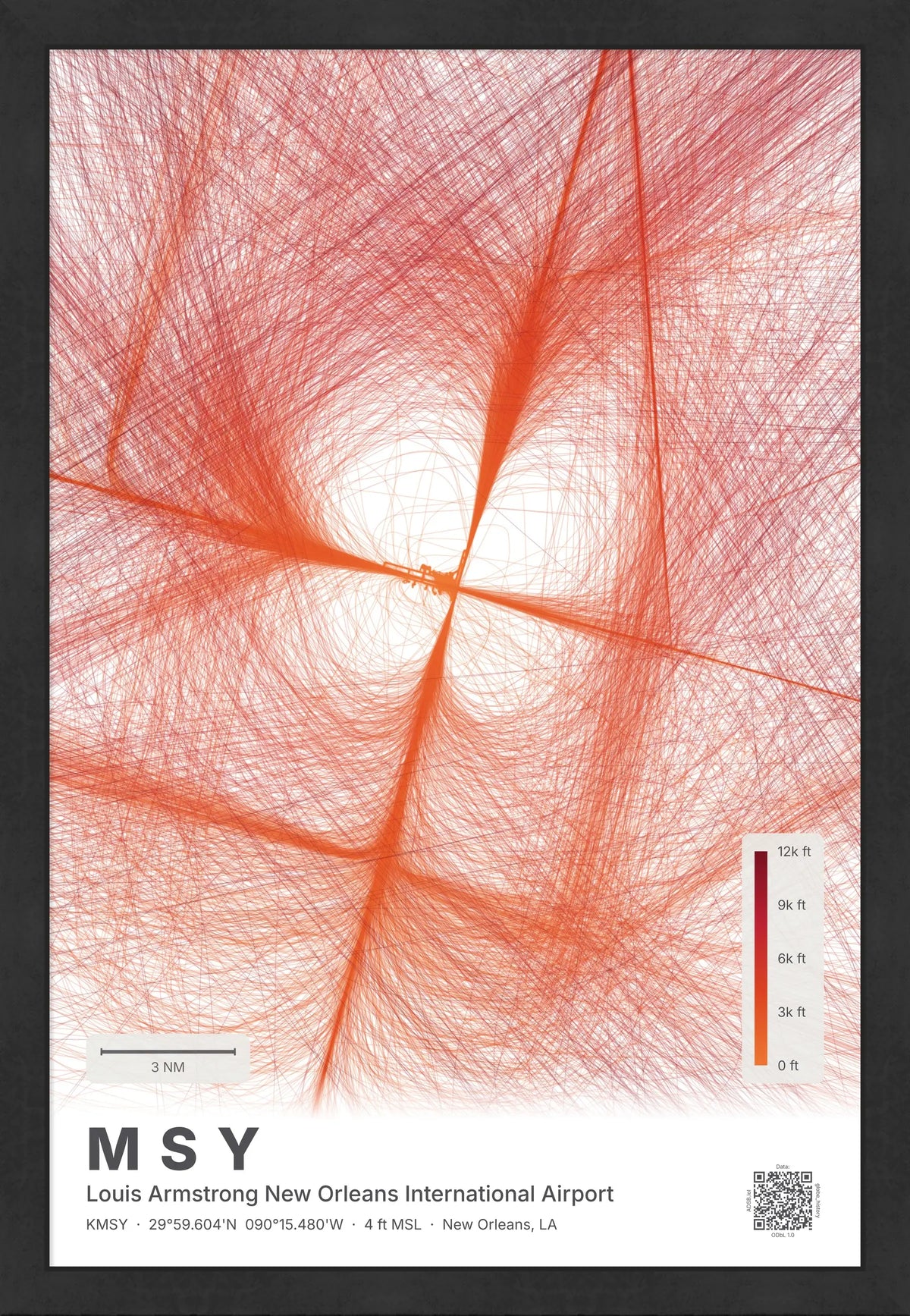 MSY flight path print — Inferno theme · Light [material:framed_black]