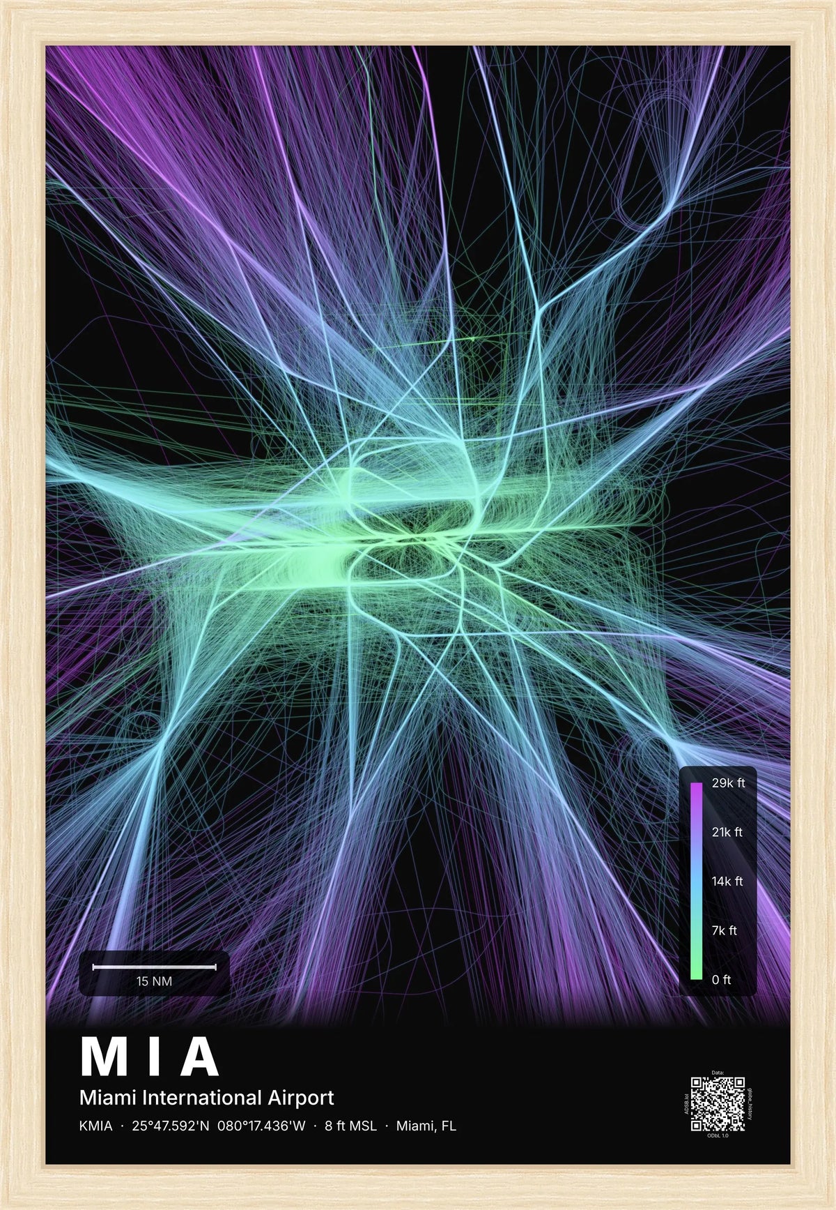 MIA flight path print — Prism theme · Dark [material:framed_natural]