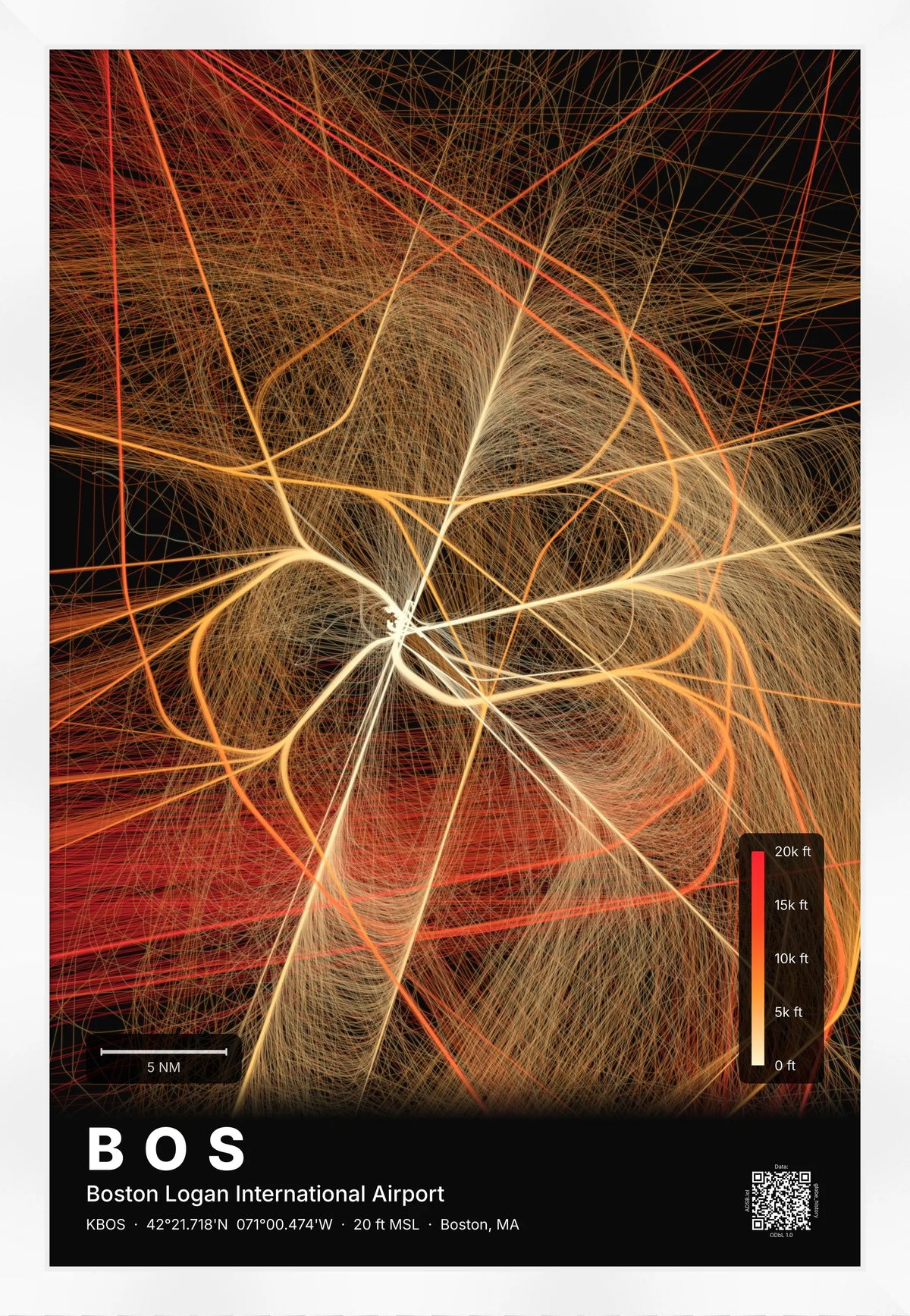 BOS flight path print — Inferno theme · Dark [material:framed_white]