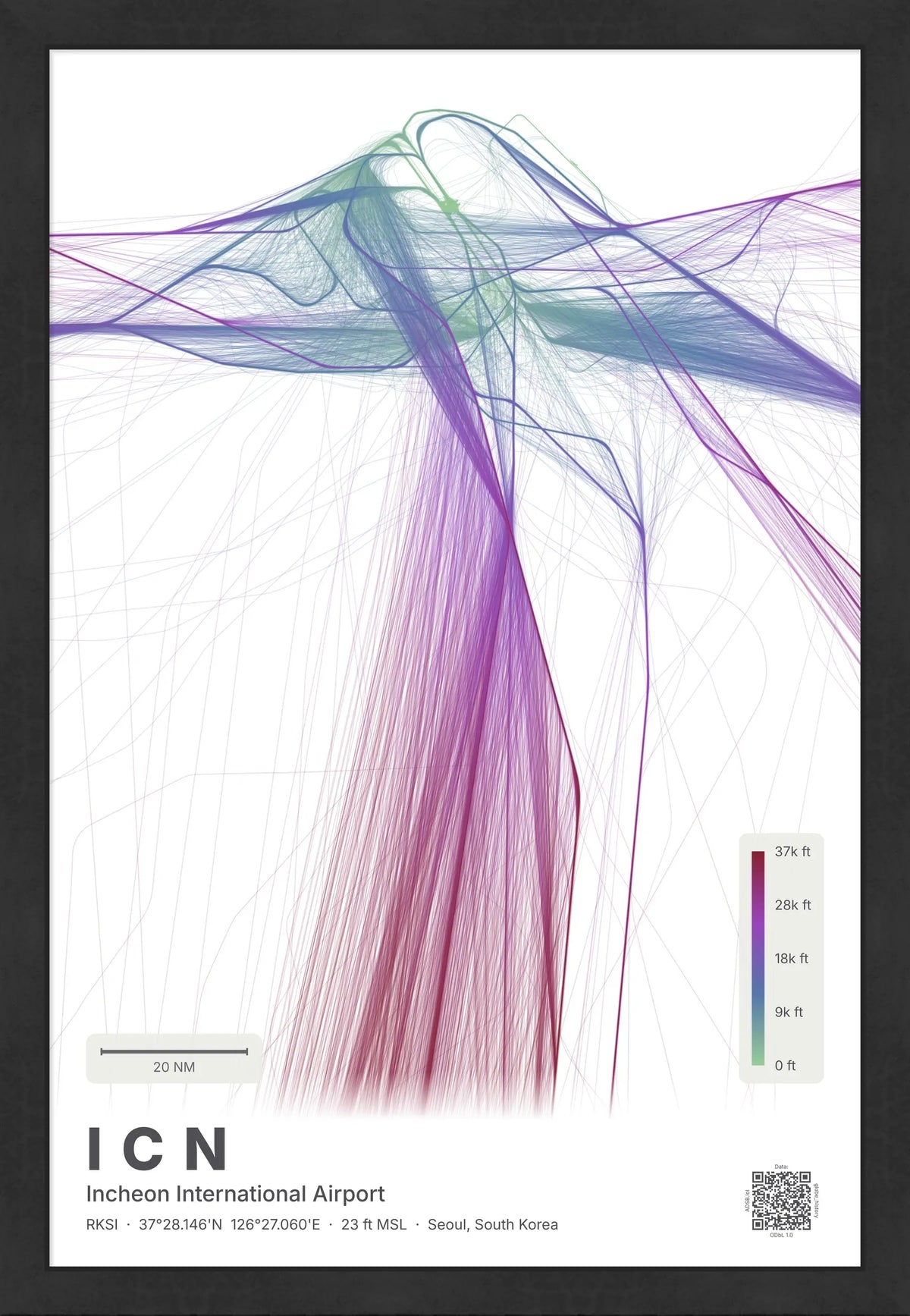 ICN flight path map — Prism theme · Light [material:framed_black]