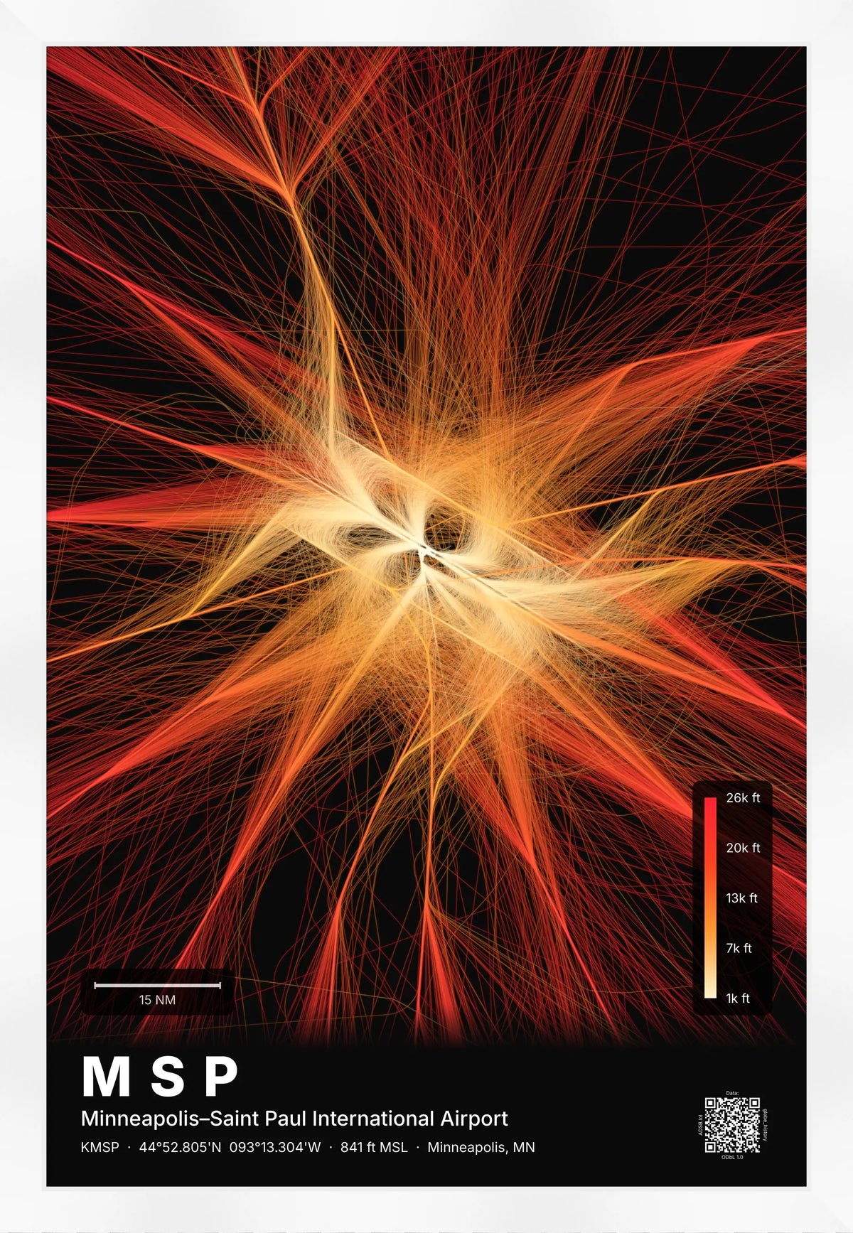 MSP flight path print — Inferno theme · Dark [material:framed_white]