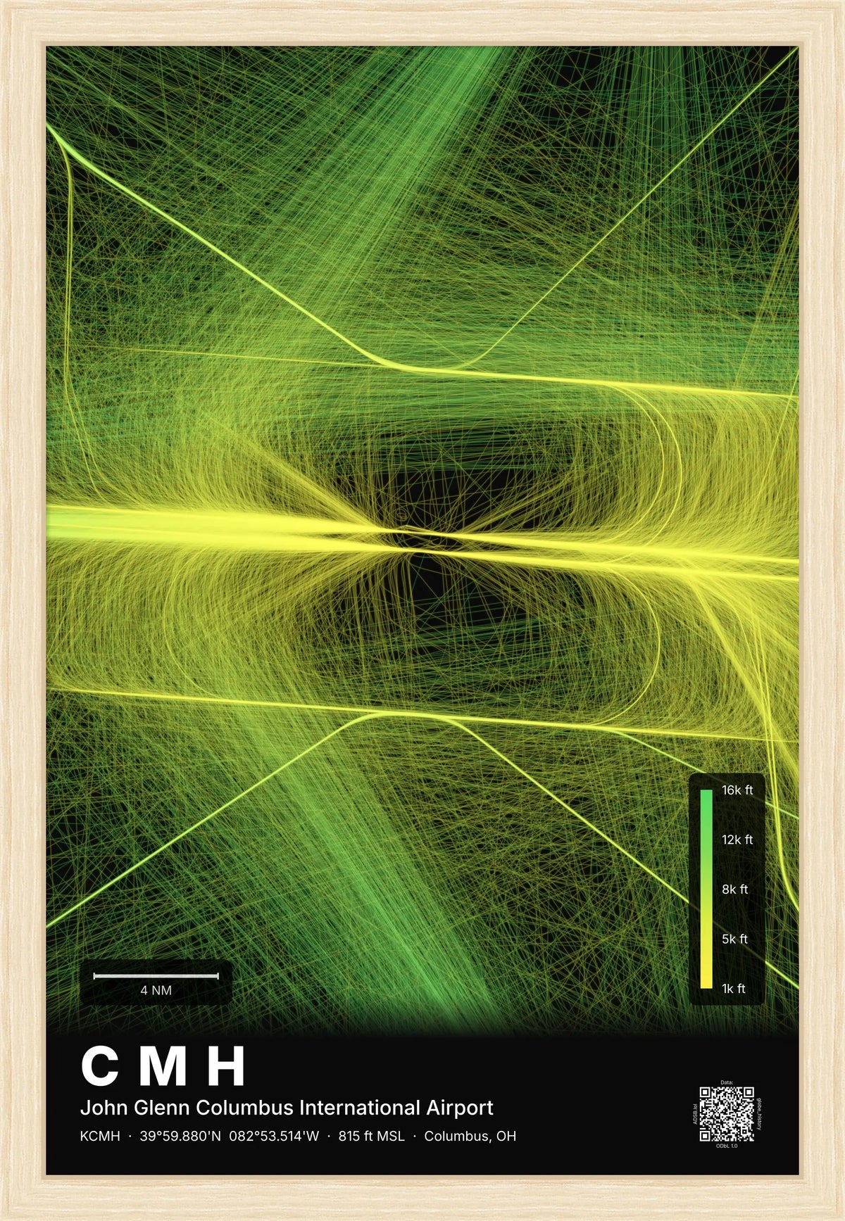 CMH flight path print — Citrus theme · Dark [material:framed_natural]