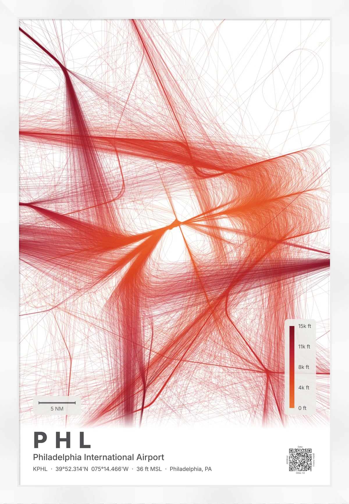 PHL flight path print — Inferno theme · Light [material:framed_white]