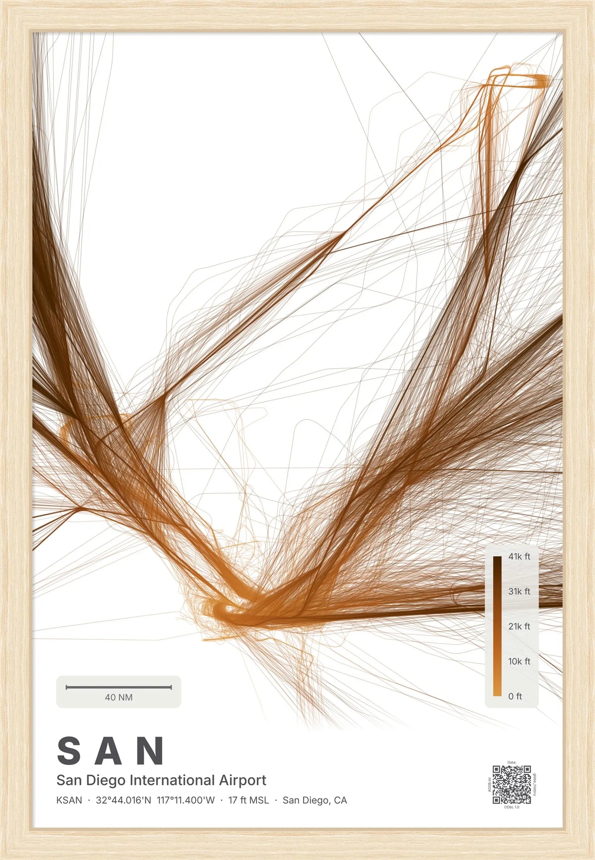 SAN flight path print — Solana theme · Light [material:framed_natural]