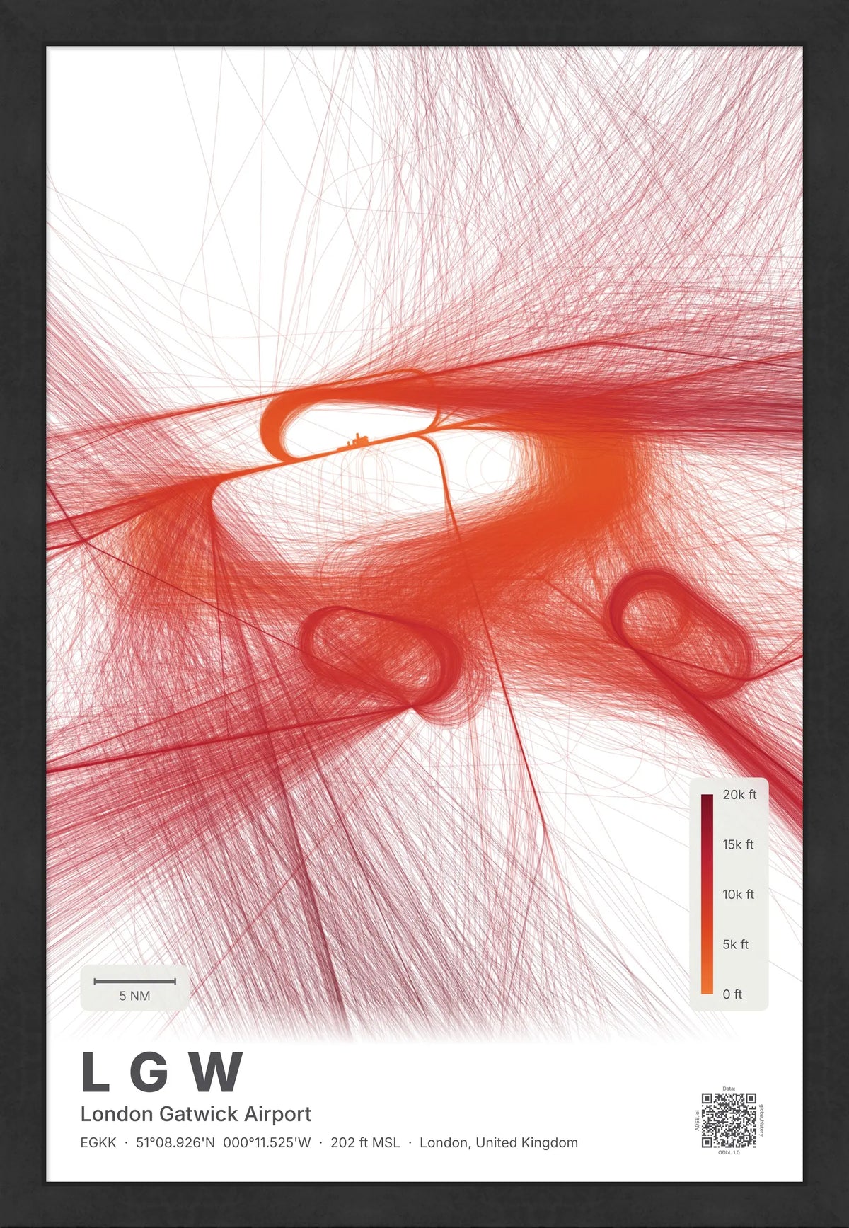 LGW flight path map — Inferno theme · Light [material:framed_black]