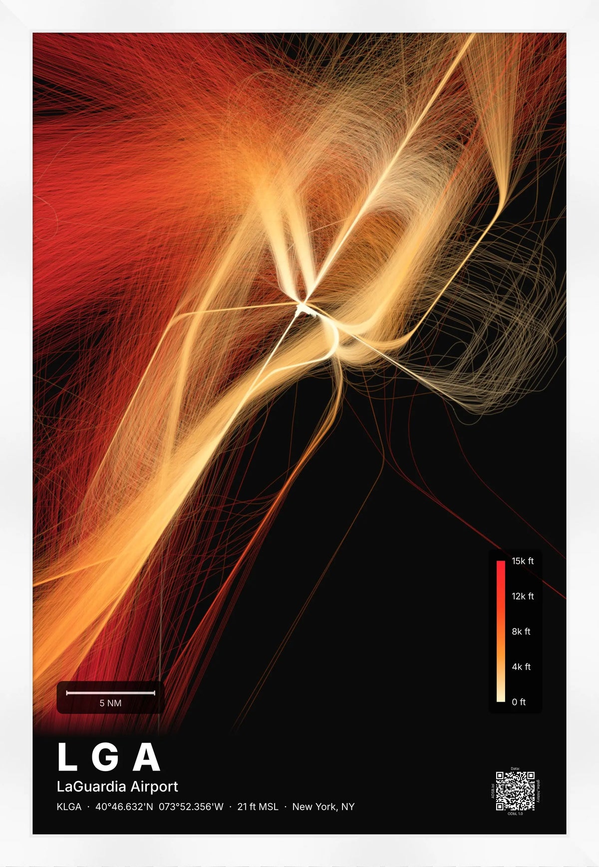 LGA flight path print — Inferno theme · Dark [material:framed_white]