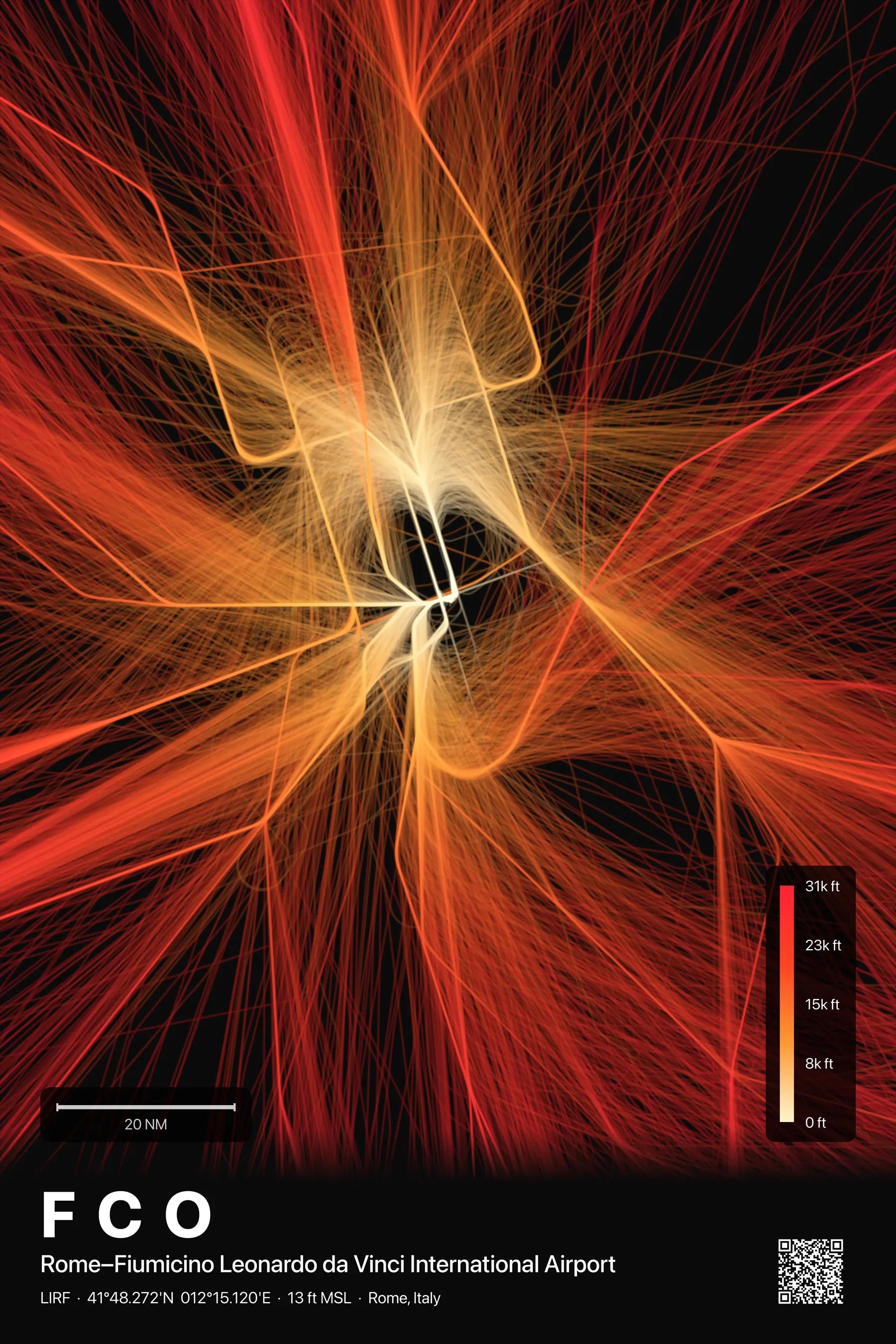FCO flight path print — Inferno theme · Dark