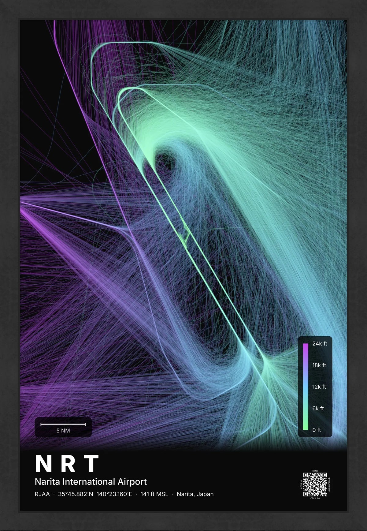 NRT flight path map — Prism theme · Dark [material:framed_black]