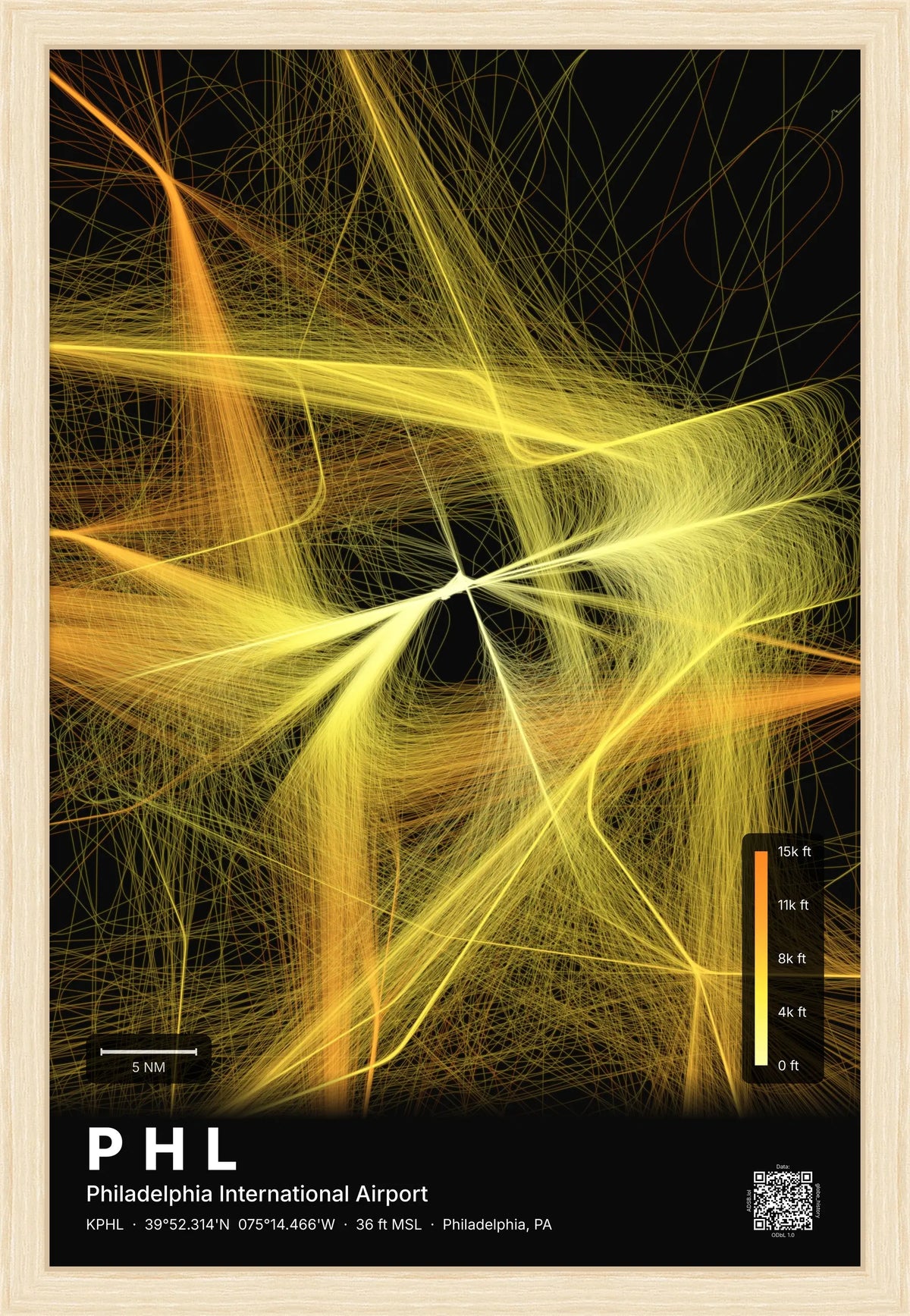 PHL flight path print — Solana theme · Dark [material:framed_natural]
